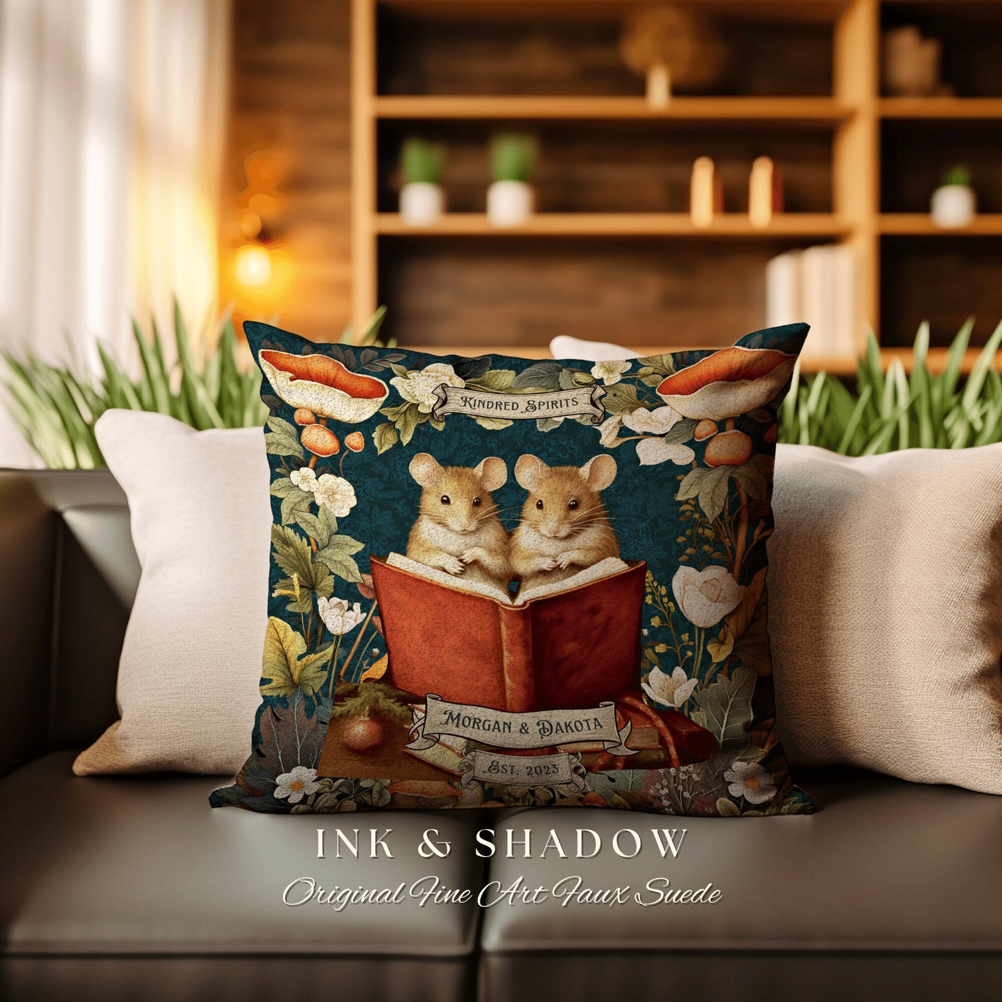 Kindred Spirits Mouse Pillow Woven | Woodland Decor Custom Dating Anniversary Meaningful Gift for Couple Housewarming Gift Book Lover Custom