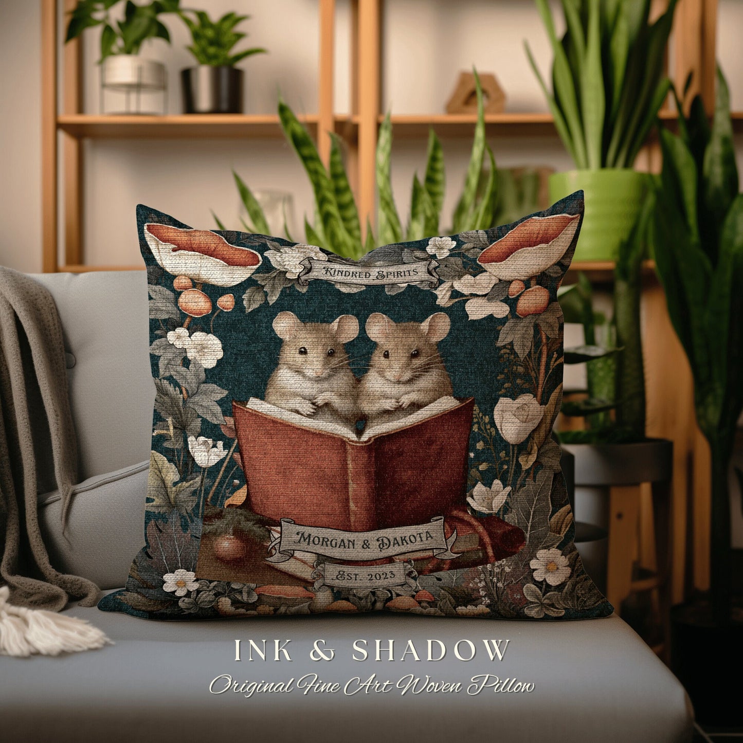 Kindred Spirits Mouse Pillow Woven | Woodland Decor Custom Dating Anniversary Meaningful Gift for Couple Housewarming Gift Book Lover Custom