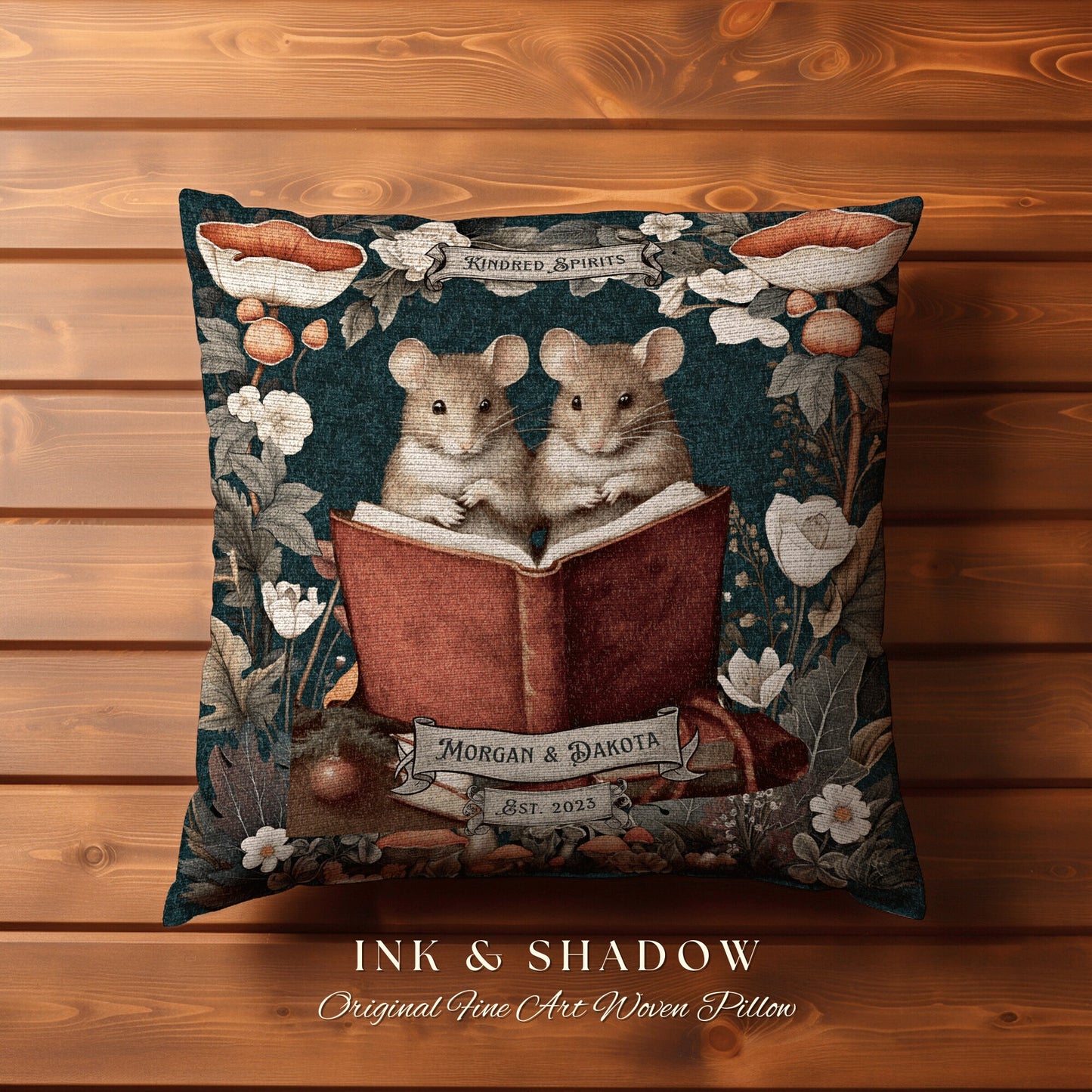Kindred Spirits Mouse Pillow Woven | Woodland Decor Custom Dating Anniversary Meaningful Gift for Couple Housewarming Gift Book Lover Custom