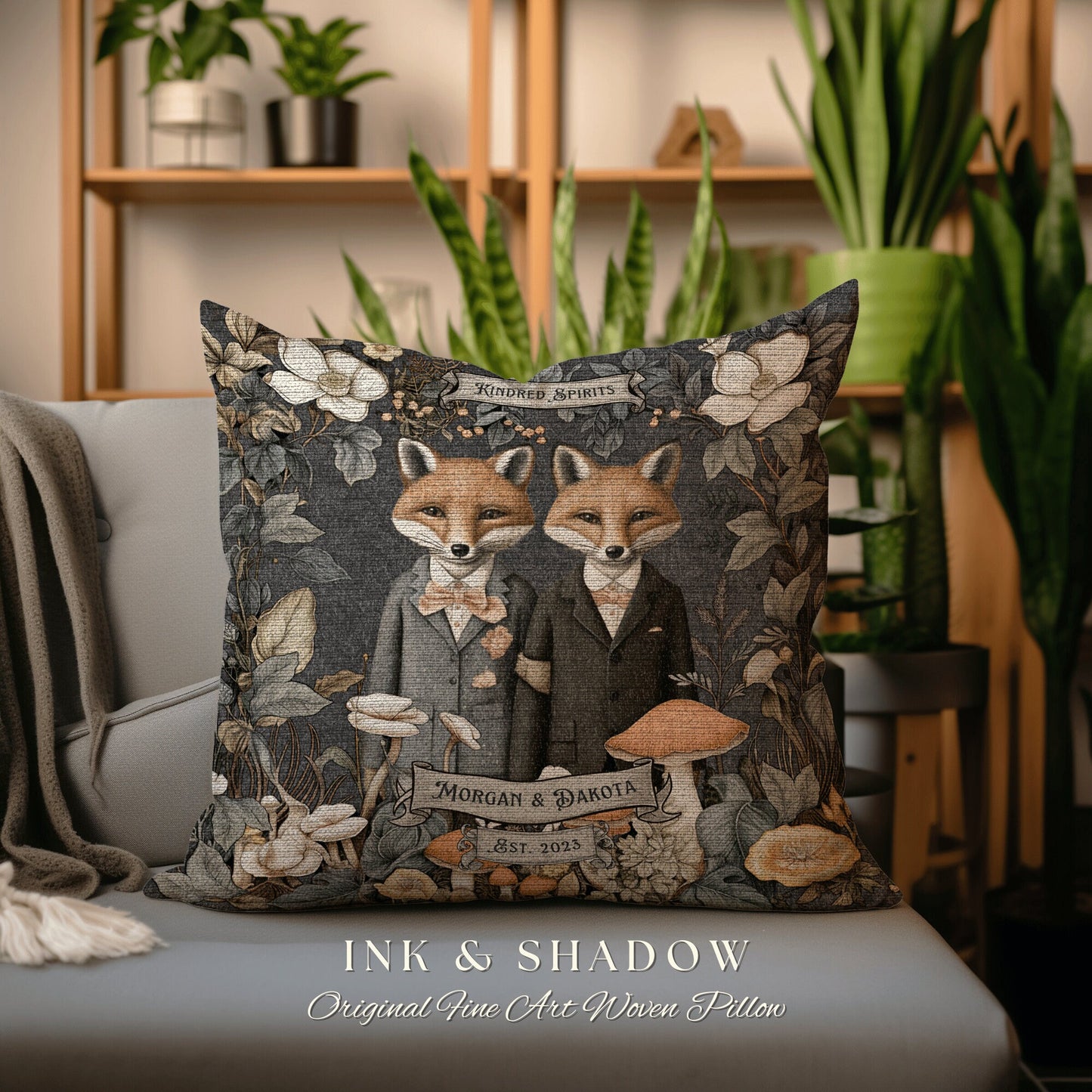 Couple Pillow Custom Housewarming Gift | Woodland Decor Custom Dating Anniversary Meaningful Gift Housewarming Pillow Cottagecore Fox Couple