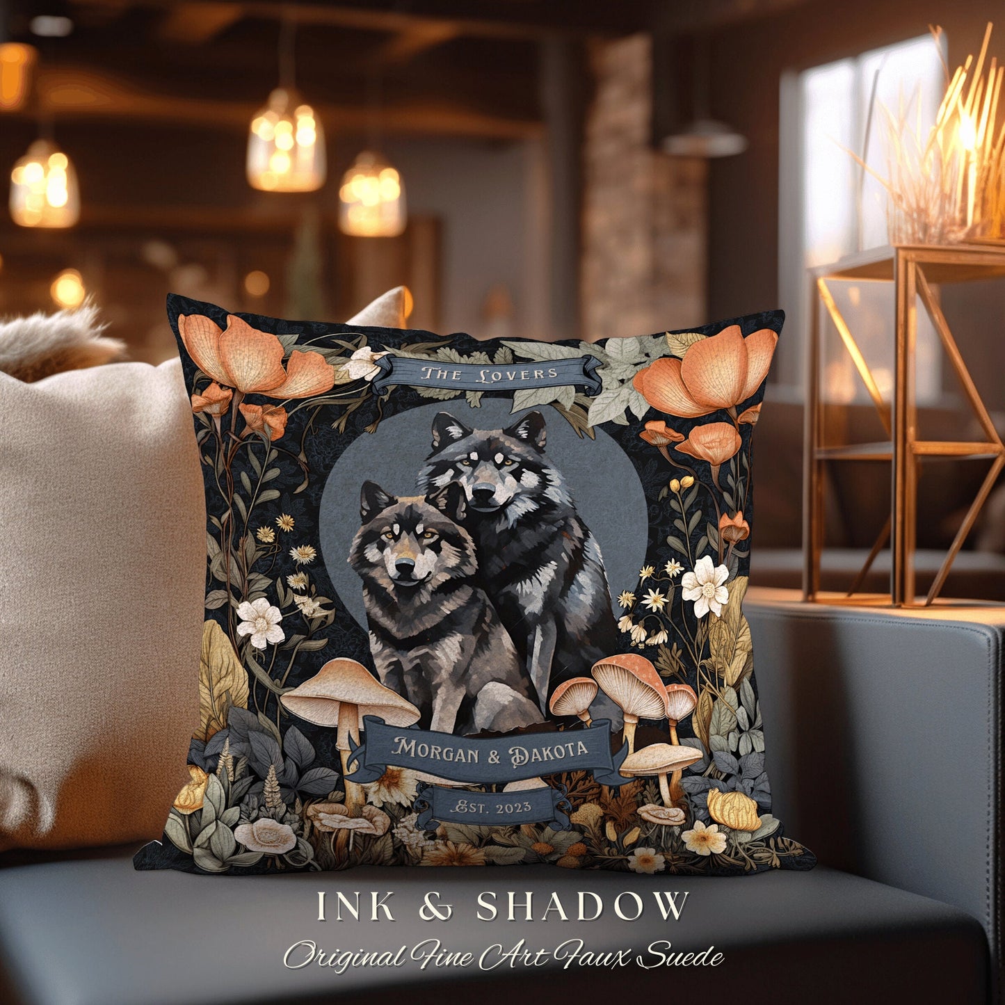 Wolf Couple Custom Anniversary Gift | Celestial Decor Custom Dating Anniversary Thoughtful Housewarming Pillow Cottagecore Wolf Couple Gift