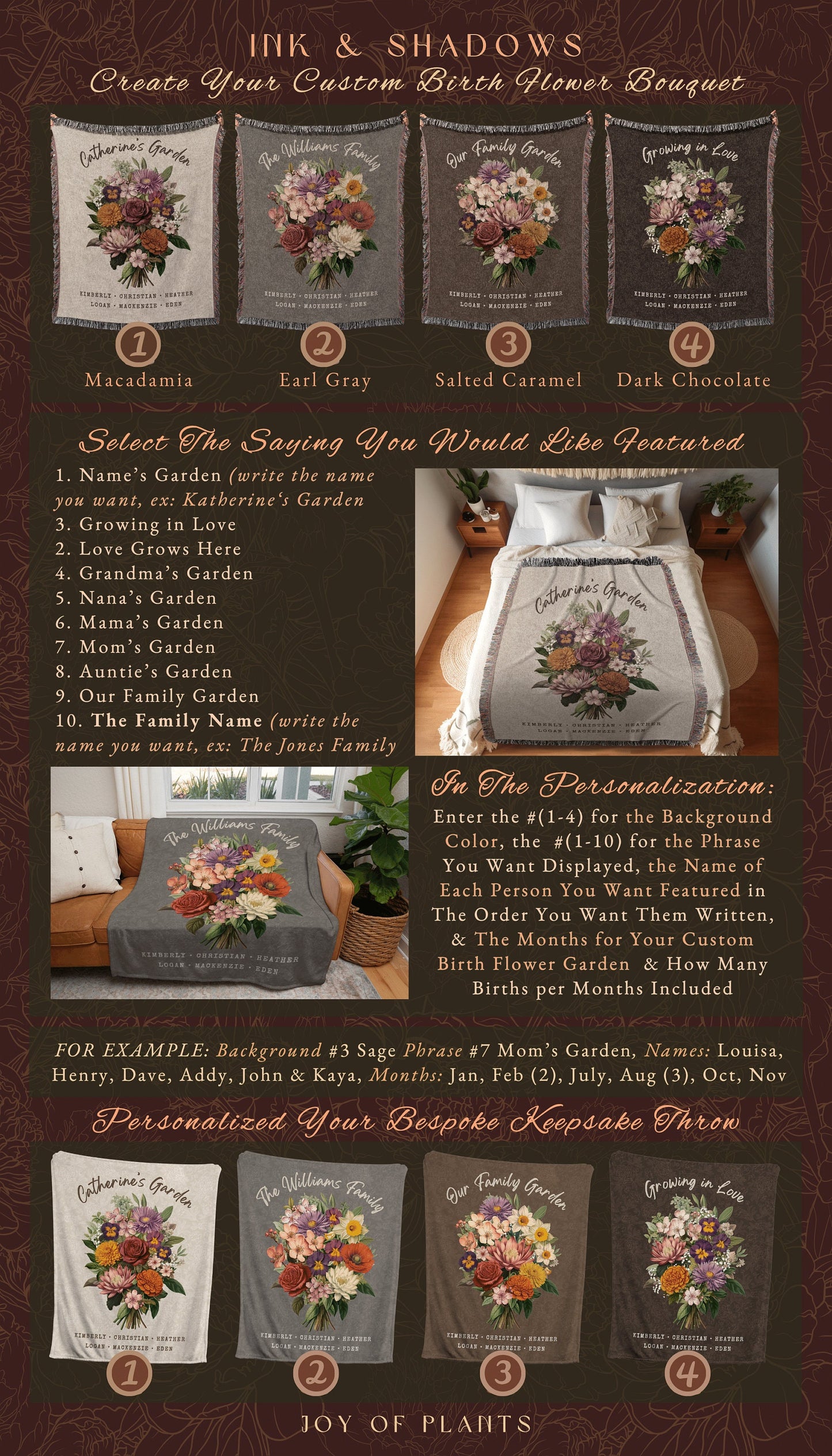 Birth Month Flower Bouquet Custom | Family Birth Flower Bouquet Personalized Birth Month Flower Blanket Sentimental Gift for Mom Meaningful