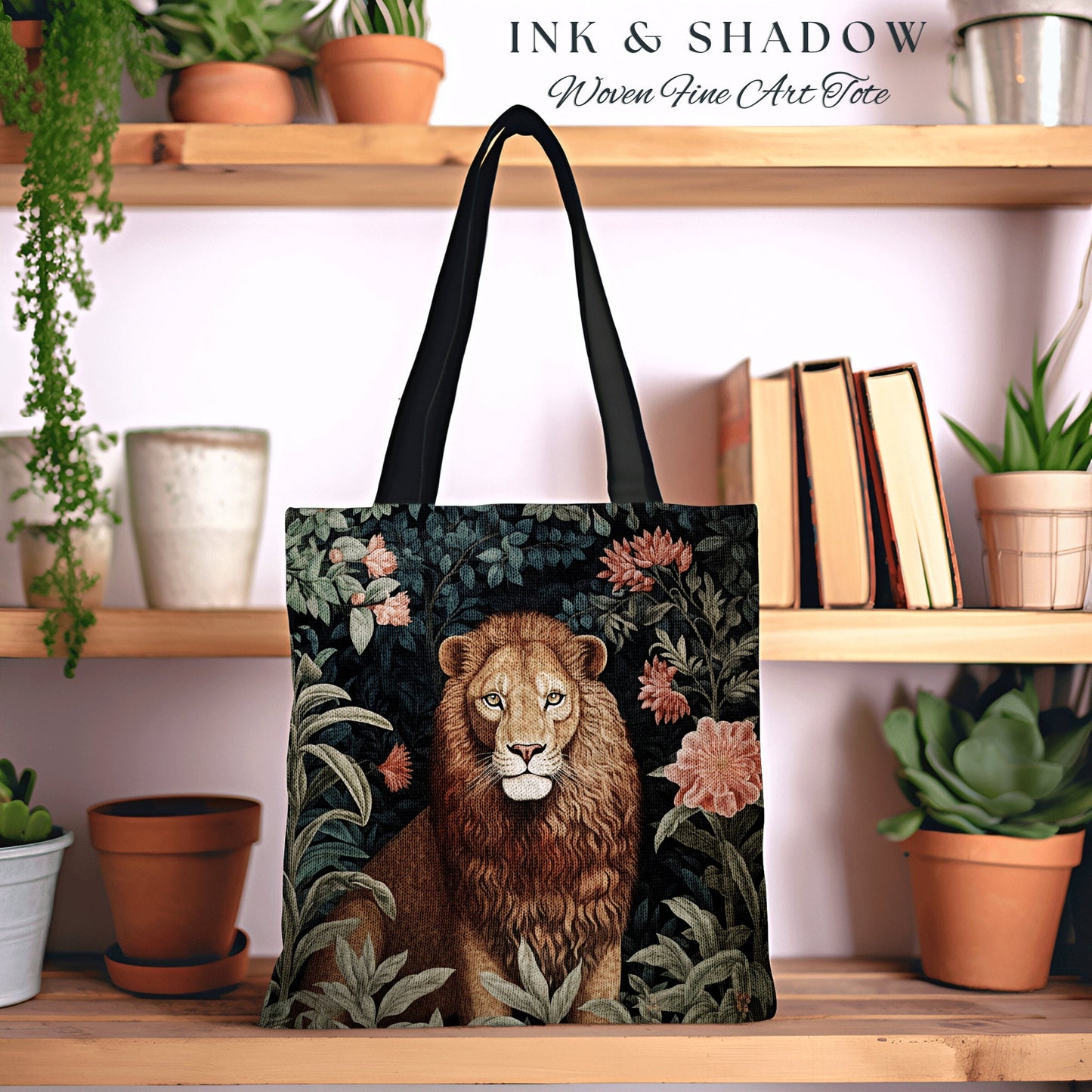 Pastel Botanical Woven Tapestry Tote | Lion Tote William Morris Inspired Tote Bag Aesthetic Mystical Tapestry Tote Woven Victorian Gothic