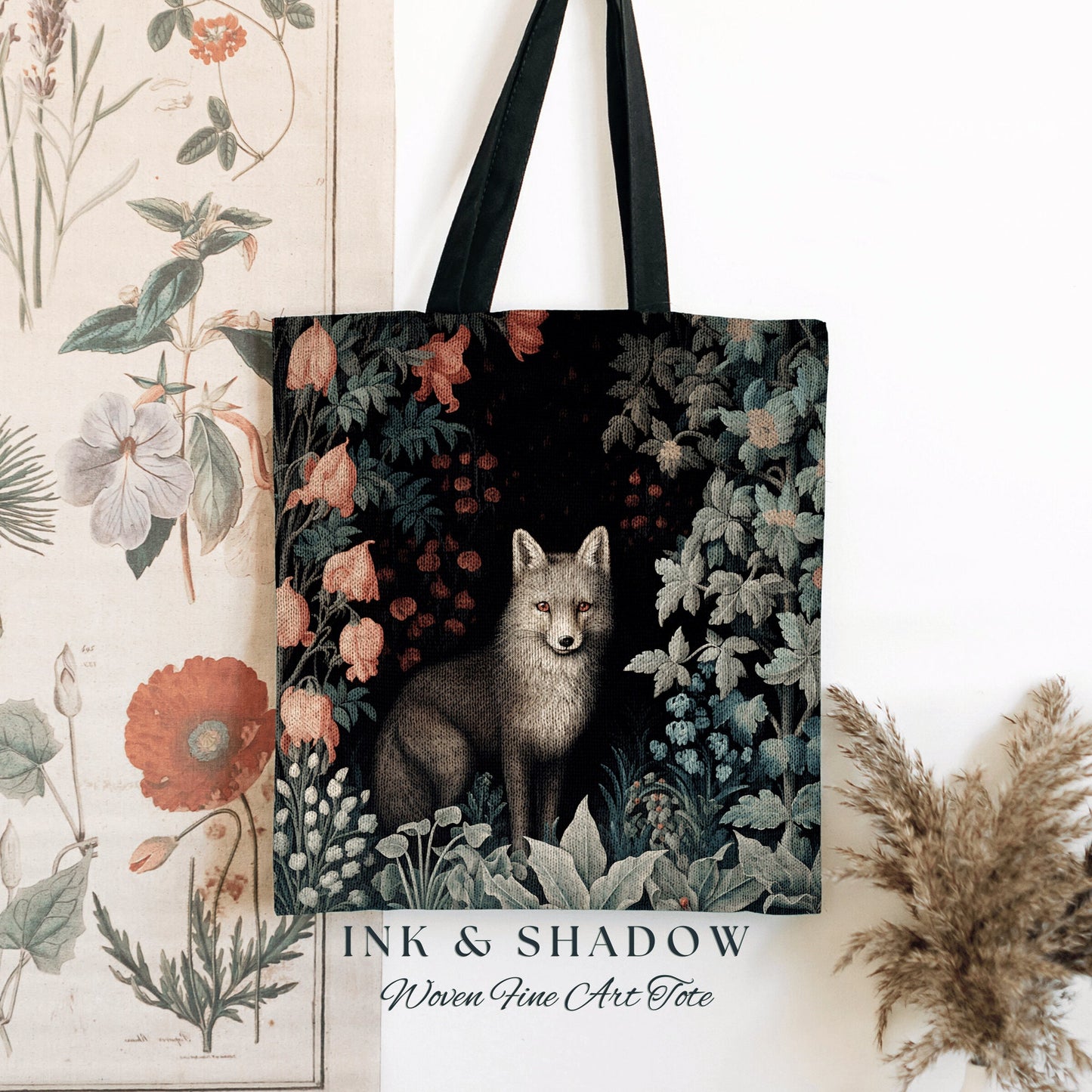 Grey Fox Tapestry Tote Dark Floral | Dark Academia William Morris Inspired Tote Bag Aesthetic Medieval Tapestry Bag Victorian Fox Fairycore