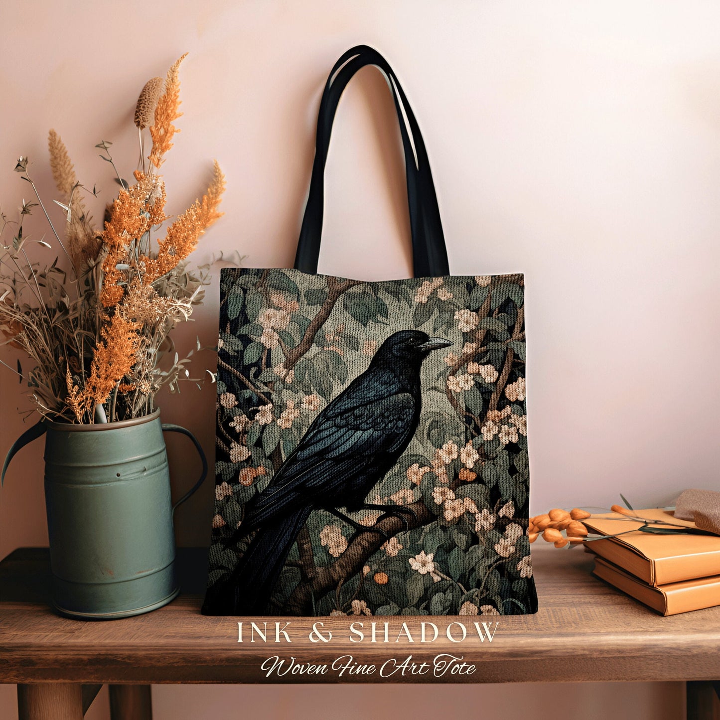 Gothic Crow Tapestry Botanical Tote Bag William Morris Inspired Raven Goth Tote Bag Crowcore Satchel Maximalist Tapestry Bag Fairycore Gift