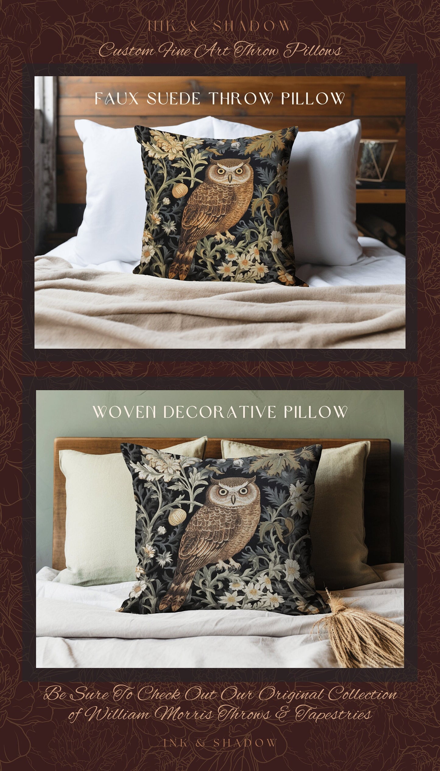 Dark Botanical Owl Pillow Woven | Whimsical William Morris Inspired Throw Pillow Aesthetic Goth Woven Pillow Victorian Fairy Core Owl Decor