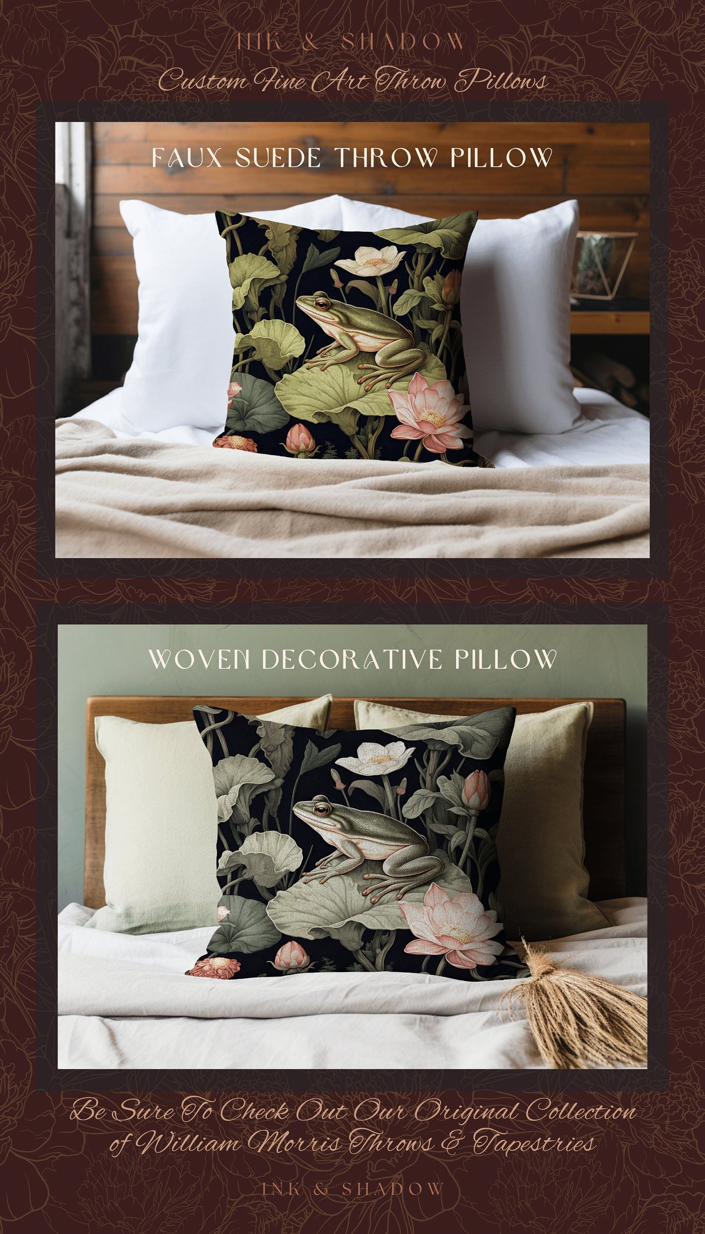 Cottage Core Frog Pillow Woven | Mushroomcore Pillow William Morris Inspired Frog Decor Crowcore Pillow Fairy Aesthetic Pillow Dark Woodland