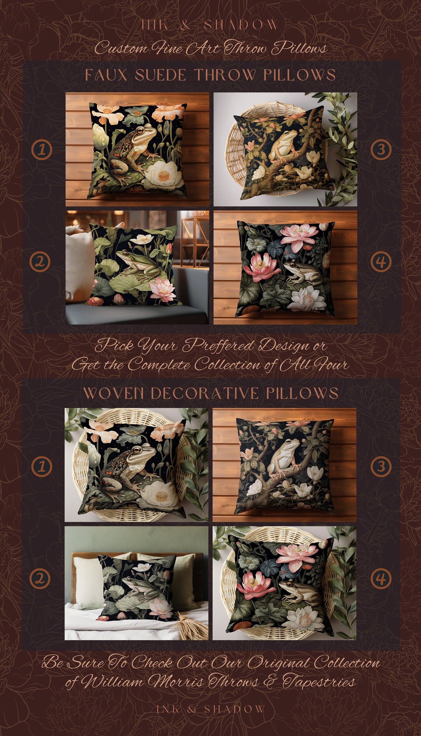Cottage Core Frog Pillow Woven | Mushroomcore Pillow William Morris Inspired Frog Decor Crowcore Pillow Fairy Aesthetic Pillow Dark Woodland