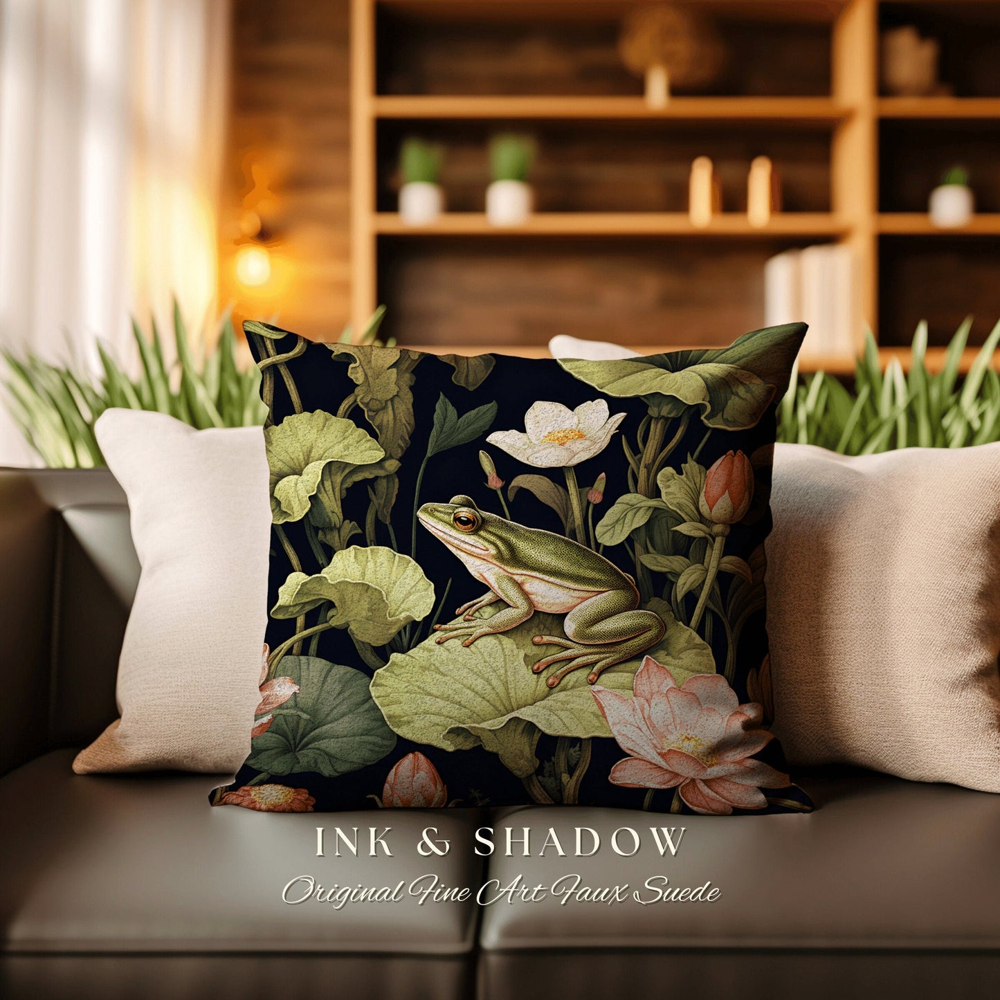 Cottage Core Frog Pillow Woven | Mushroomcore Pillow William Morris Inspired Frog Decor Crowcore Pillow Fairy Aesthetic Pillow Dark Woodland