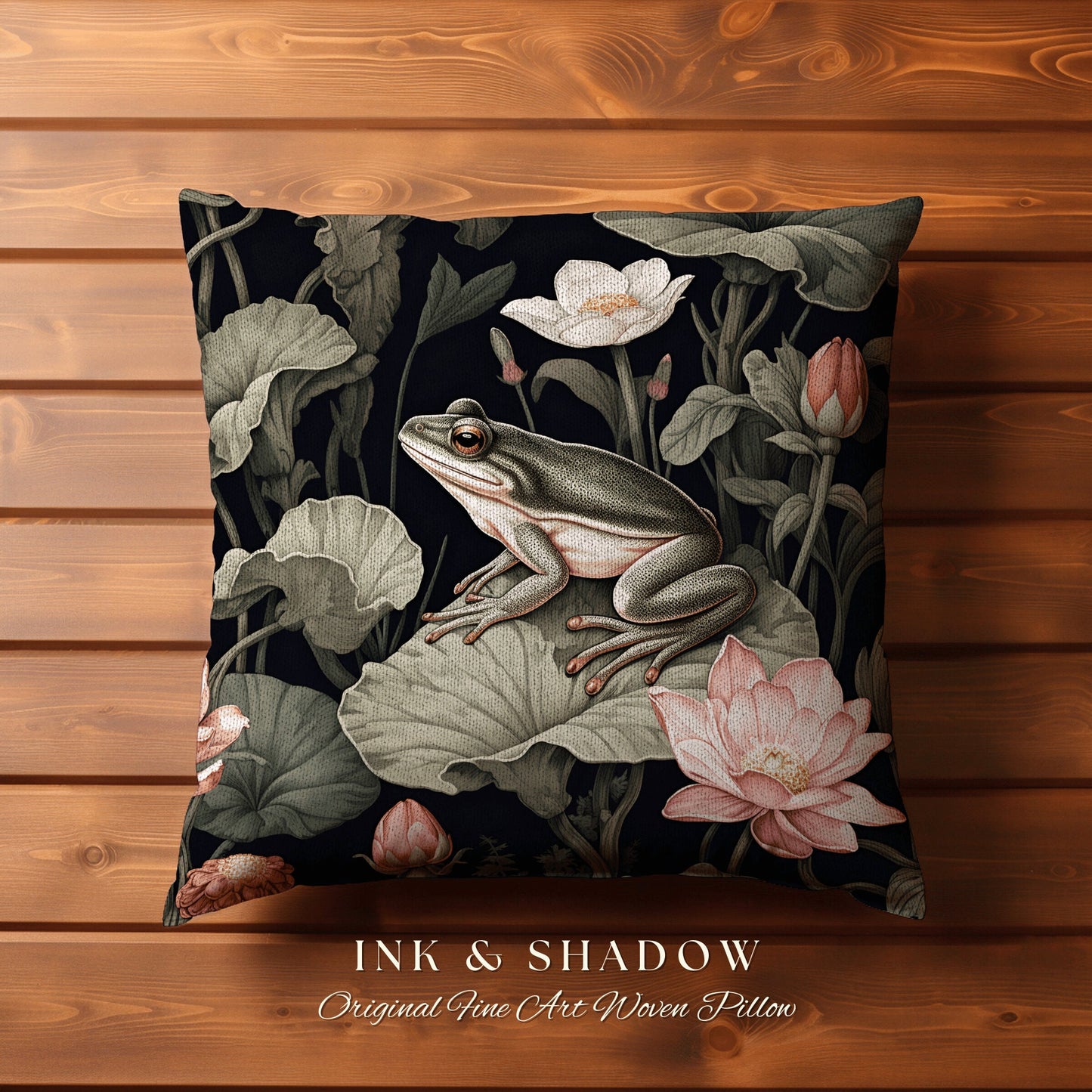 Cottage Core Frog Pillow Woven | Mushroomcore Pillow William Morris Inspired Frog Decor Crowcore Pillow Fairy Aesthetic Pillow Dark Woodland