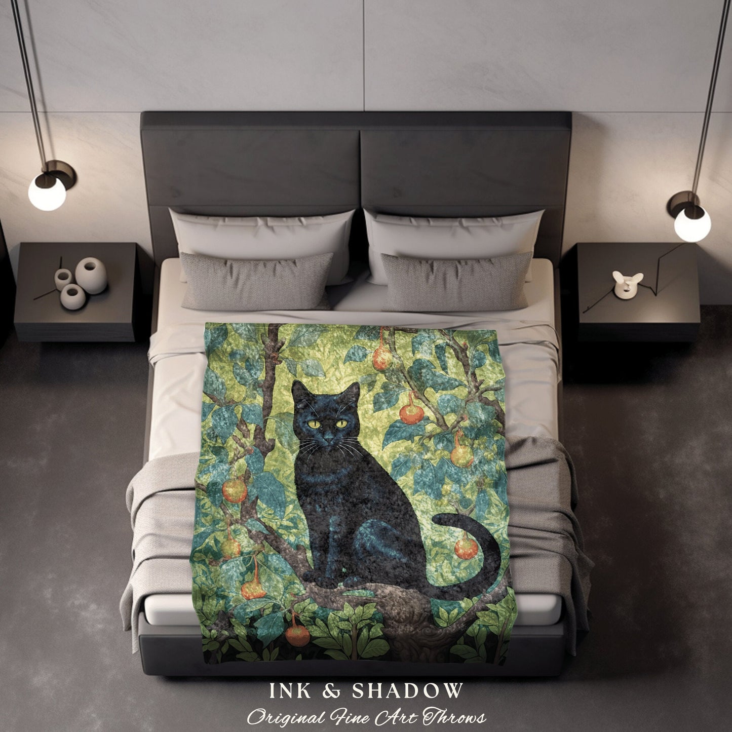 Jungle Botanical Black Cat Tapestry | Woven Throw Black Cat Art Painting Pastel Decor William Morris Inspired Tapestry Blanket Cute Cat Gift