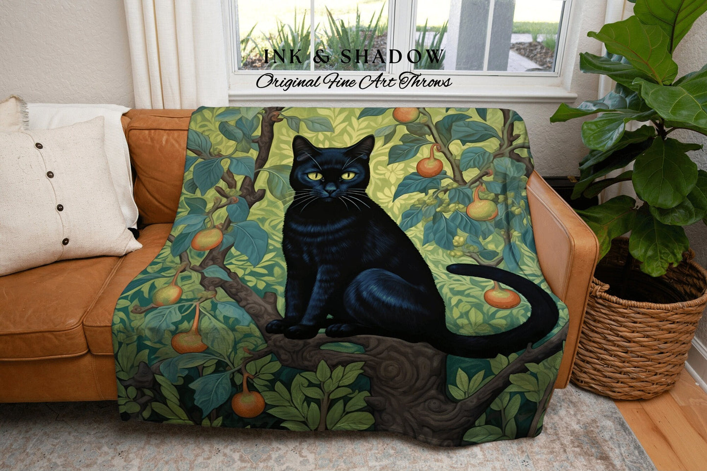 Jungle Botanical Black Cat Tapestry | Woven Throw Black Cat Art Painting Pastel Decor William Morris Inspired Tapestry Blanket Cute Cat Gift