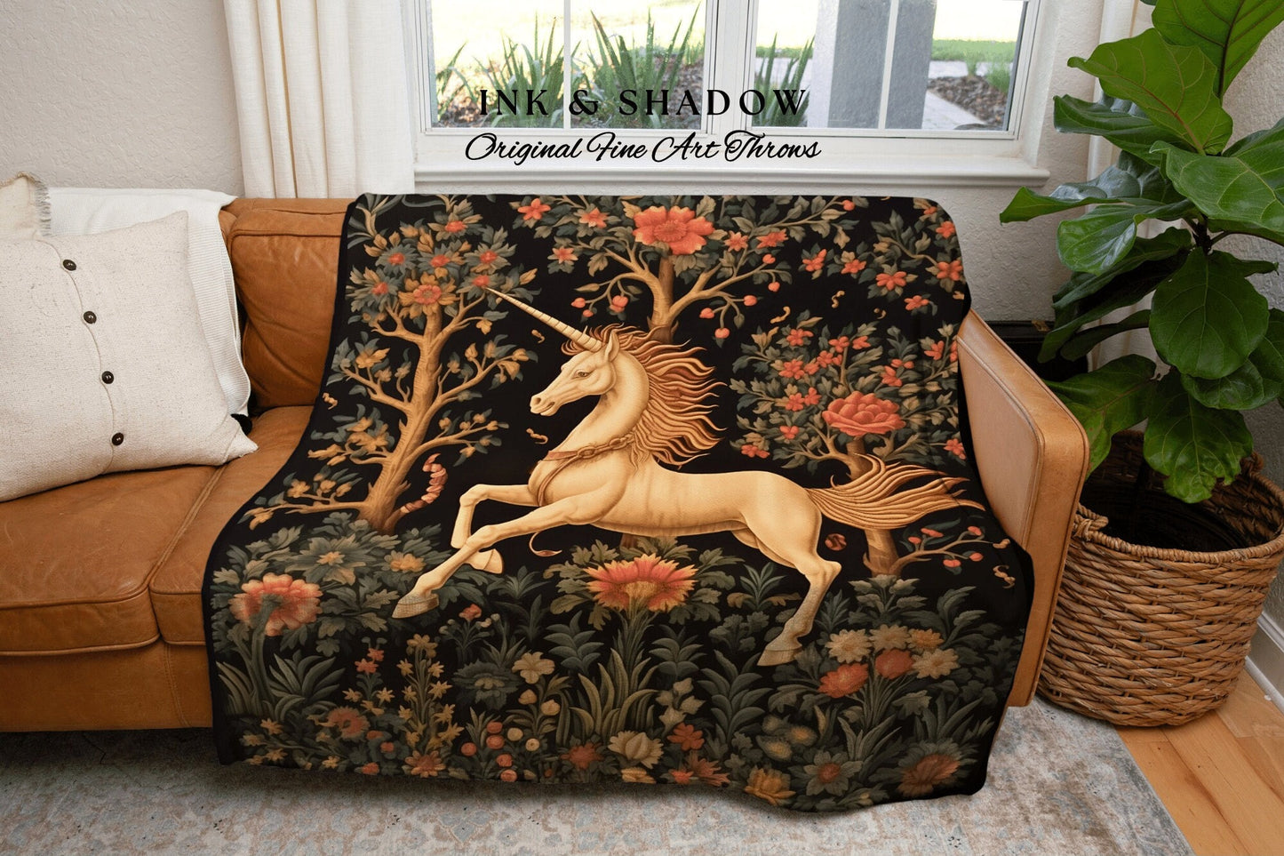 Mystical Unicorn Woven Tapestry | Fairycore Blanket Cottagecore Room Decor Dark Academia Aesthetic Gothic Maximalist Gift for Fantasy Reader
