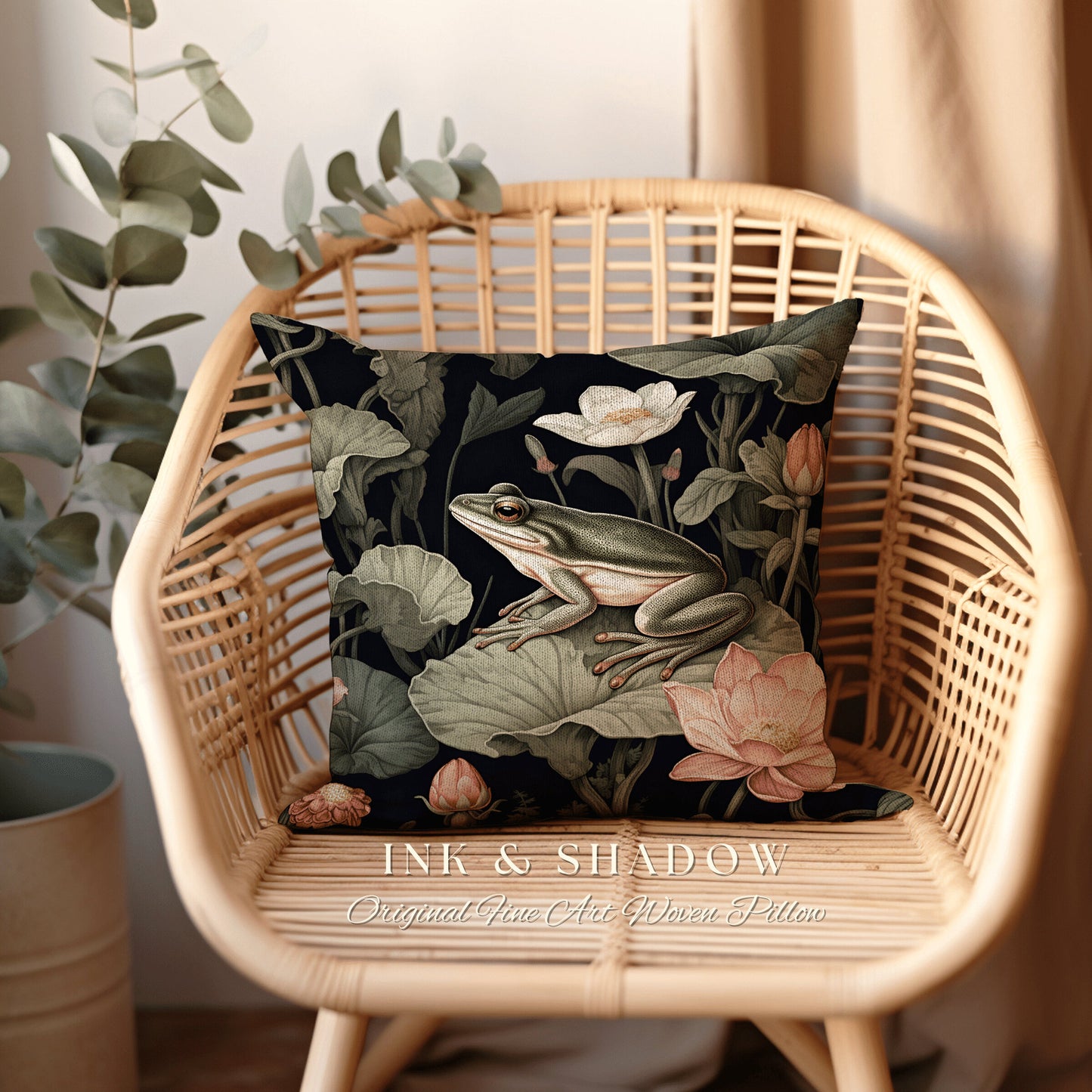 Cottage Core Frog Pillow Woven | Mushroomcore Pillow William Morris Inspired Frog Decor Crowcore Pillow Fairy Aesthetic Pillow Dark Woodland