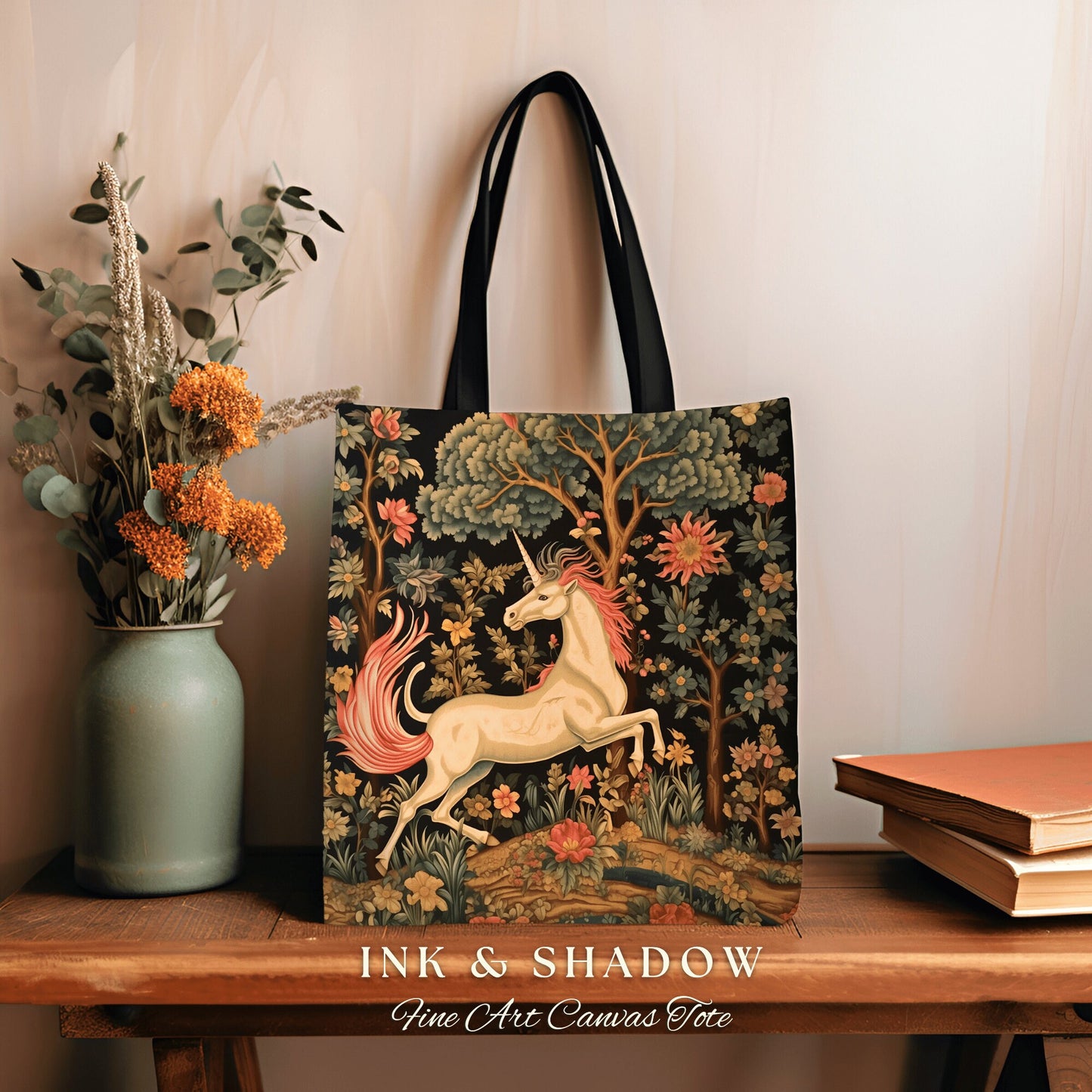 Unicorn Aesthetic Tote Bag | Gift for Unicorn Lover Dark Cottagecore Dark Floral Satchel Fairy Core Bookbag Pastel Fairycore Tapestry Tote