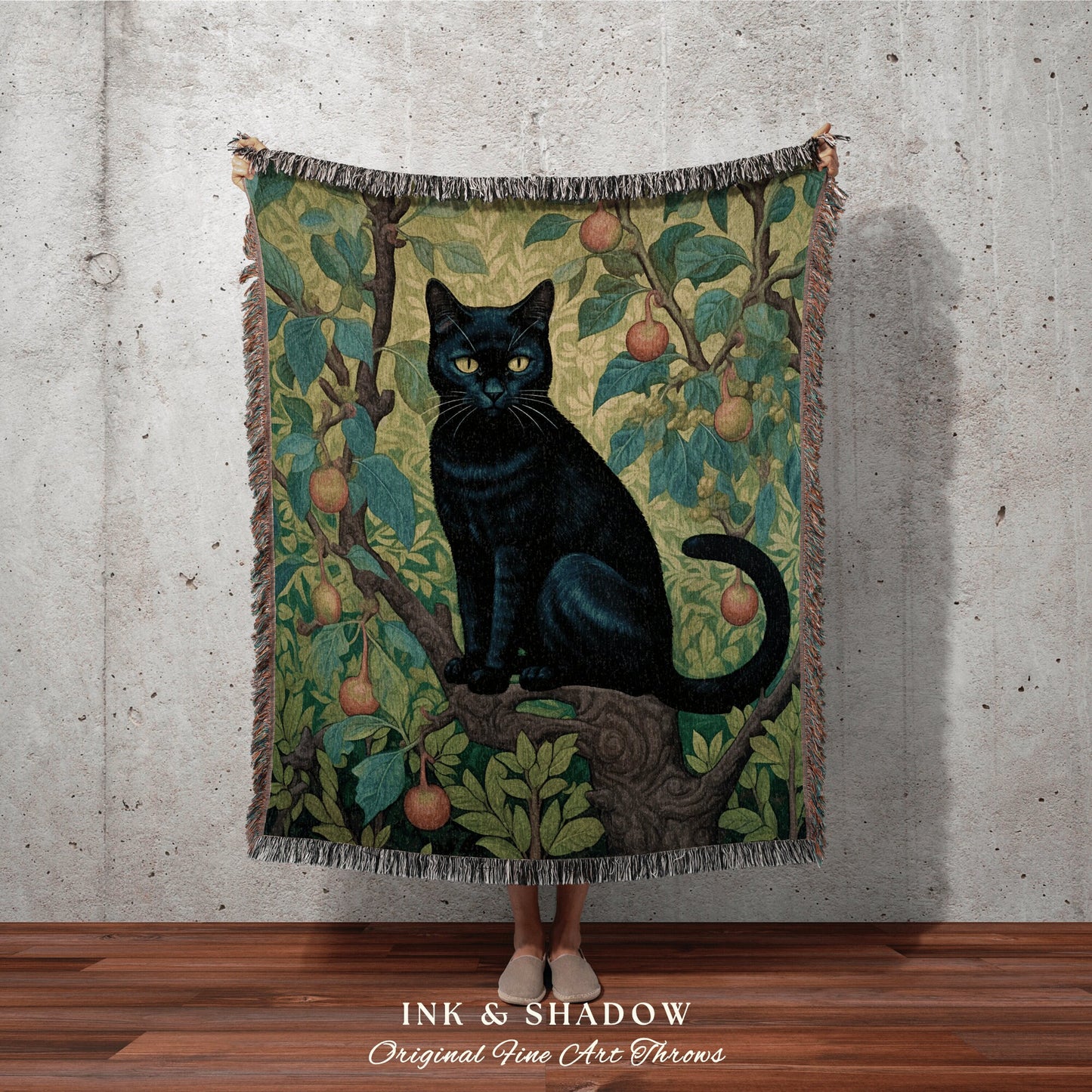 Jungle Botanical Black Cat Tapestry | Woven Throw Black Cat Art Painting Pastel Decor William Morris Inspired Tapestry Blanket Cute Cat Gift