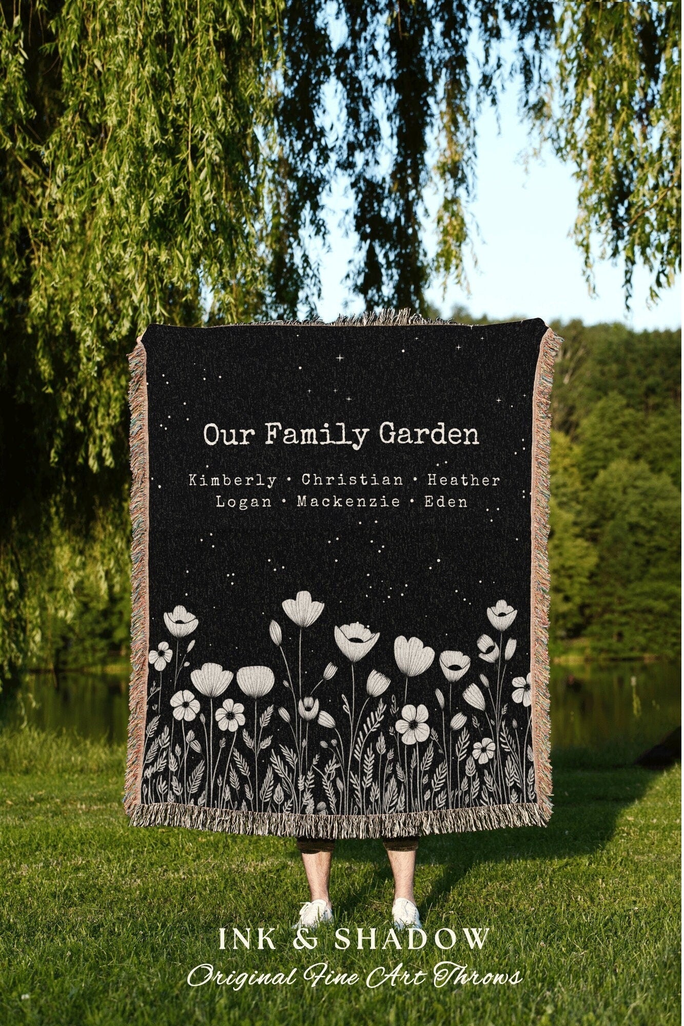 Family Garden Blanket Woven | Personalized Last Name Tapestry Custom Gift for Mom Sentimental Family Heirloom