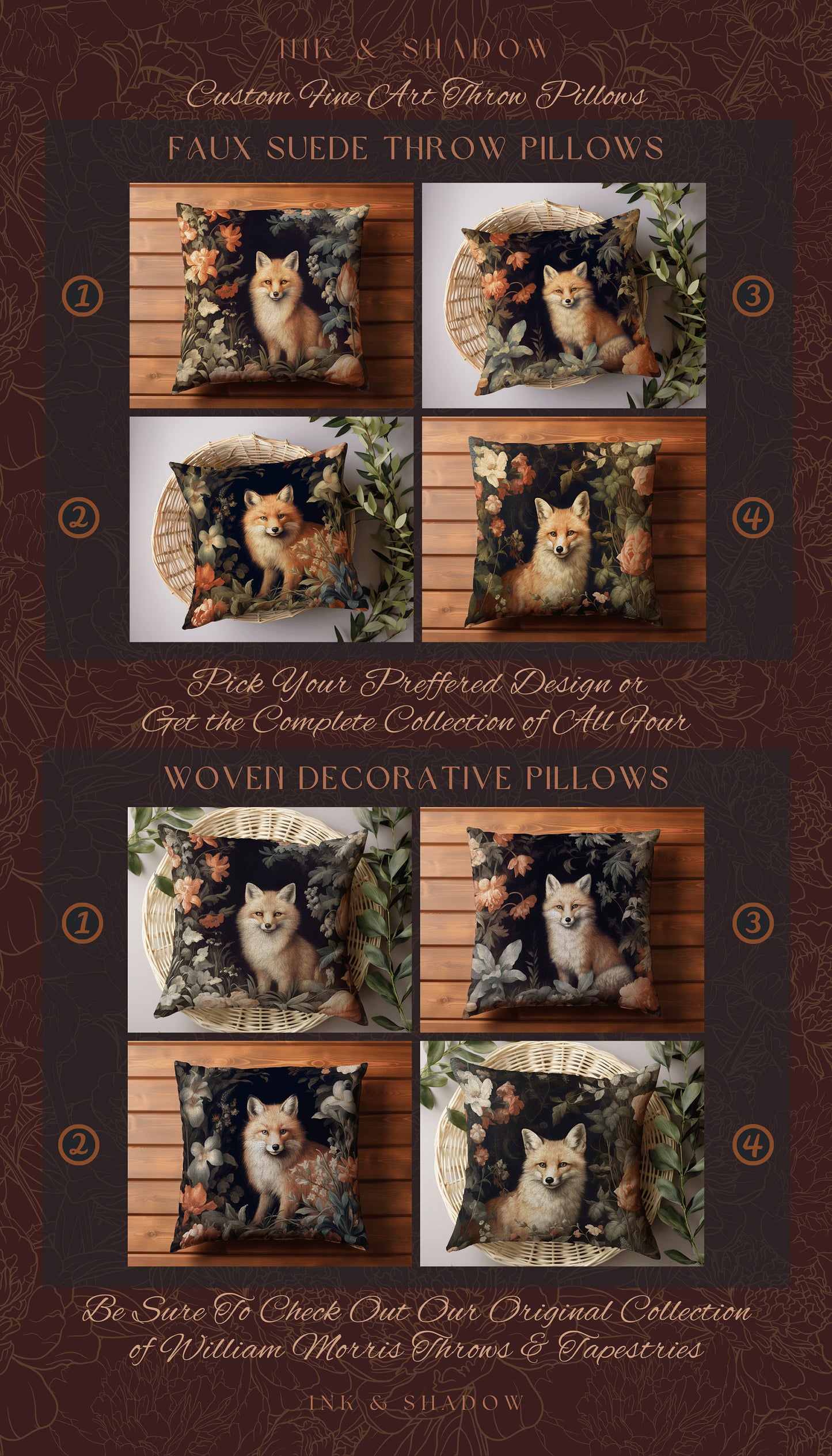 Ethereal Fox Pillow Botanical Gothic | Dark Academia William Morris Inspired Cushion Goth Aesthetic Medieval Woven Pillow Victorian Fox