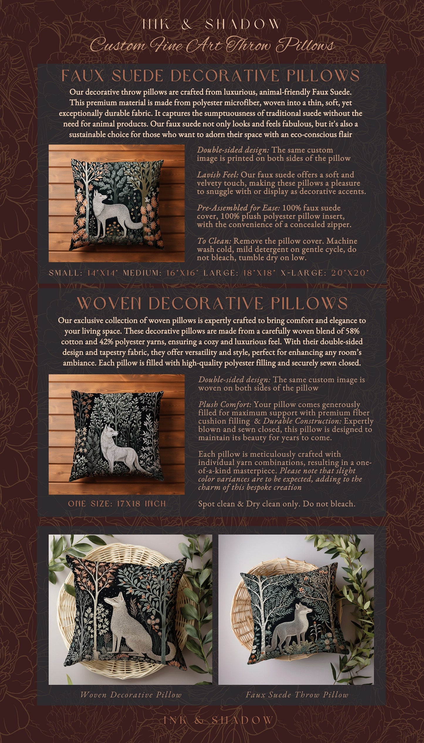 Scandinavian Wolf Throw Pillow Dark Academia William Morris Inspired Cushion Goth Aesthetic Woodland Woven Pillow Danish Wolf Lover Decor