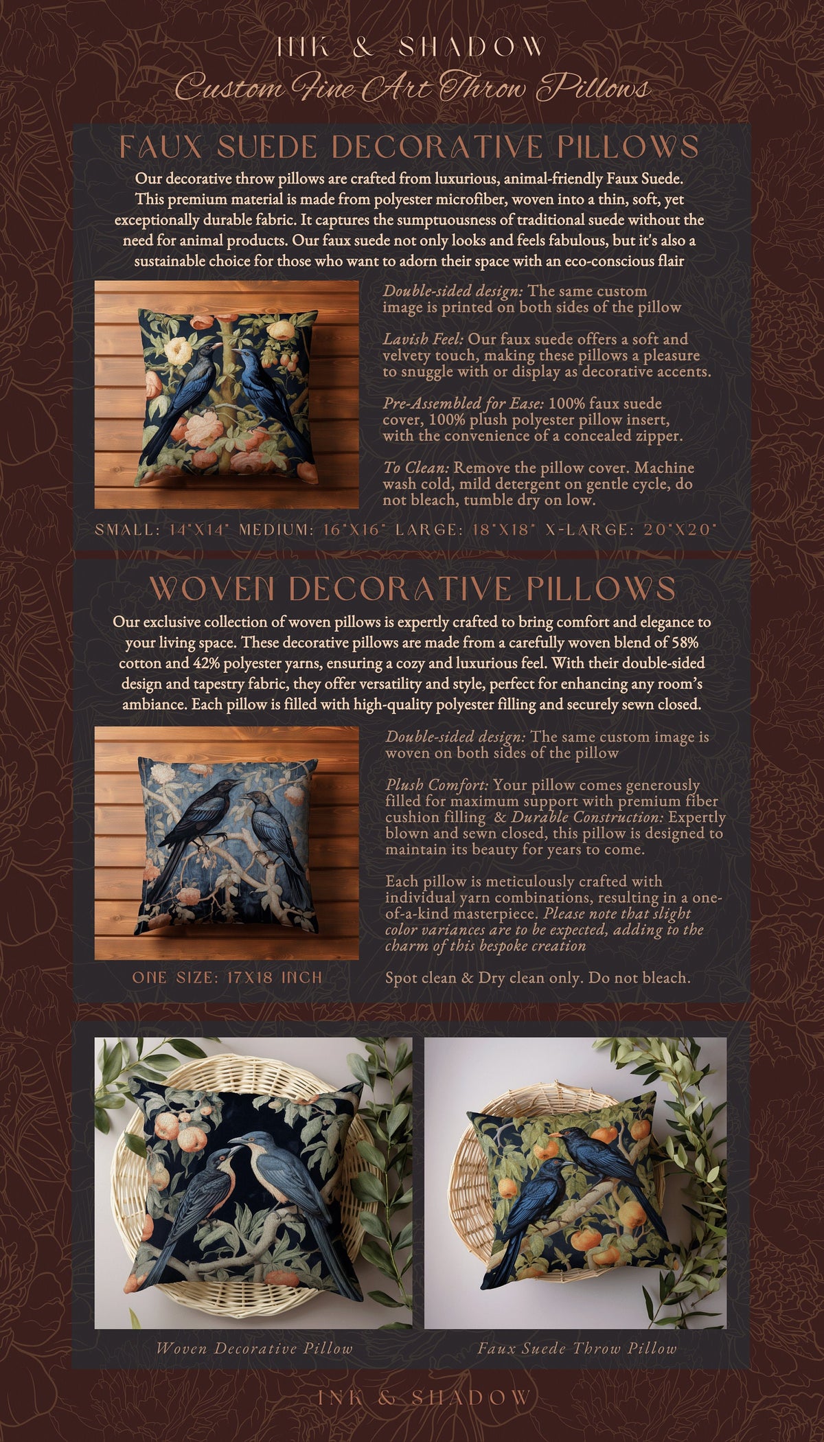 Woodland Crow Accent Pillow | Gothic Decor Crowcore Morris Inspired Artwork Medieval Style Woven Cushion Victorian Raven Floral Whimsigothic