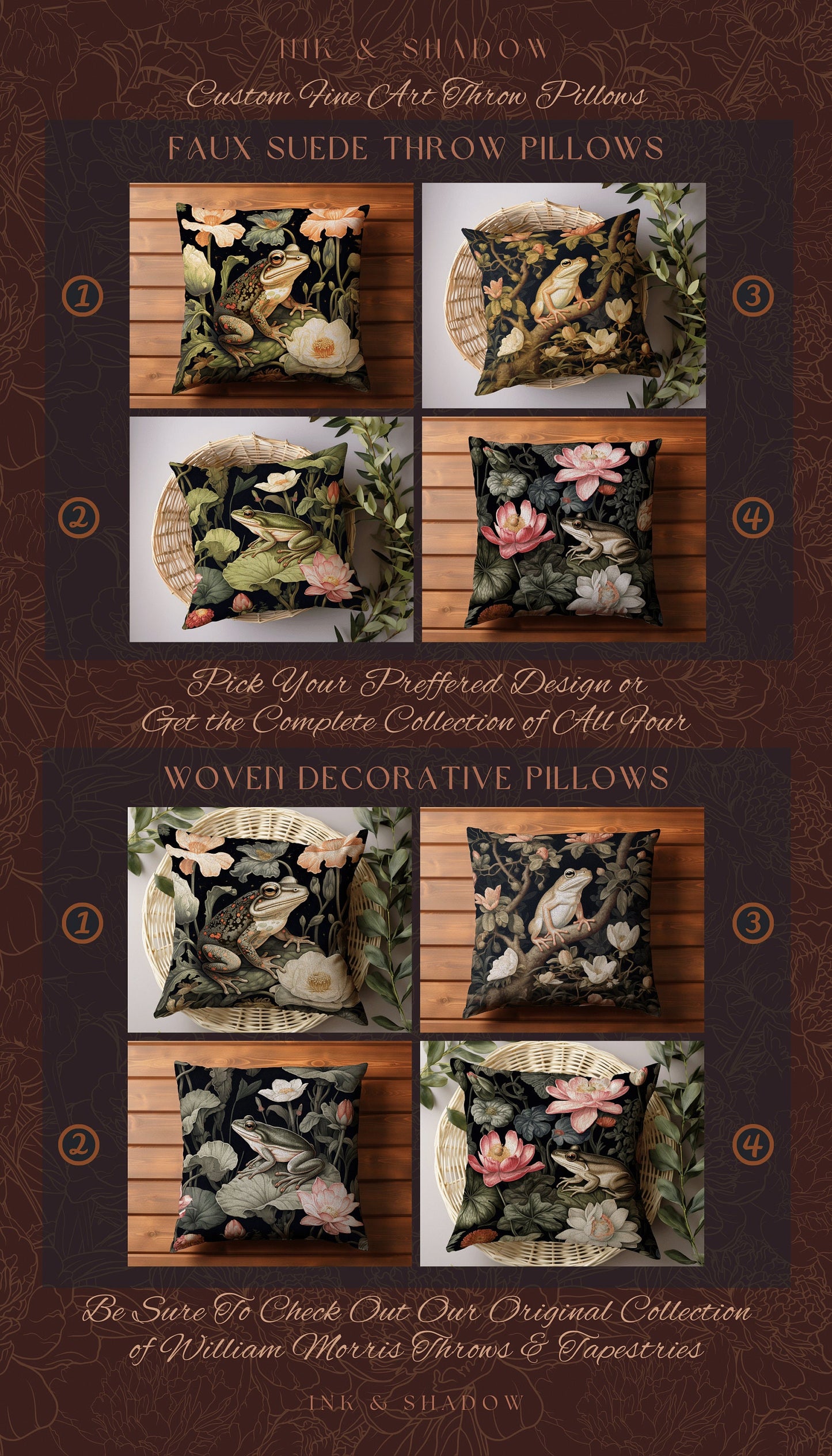 Floral Dark Cottagecore Frog Tapestry Cushion | Botanical Whimsigoth Art Woven Throw Pillow Vintage Nature Victorian Gothic Home Accent