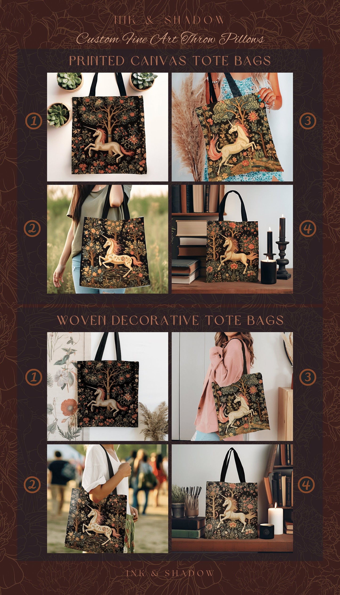 Unicorn Aesthetic Tote Bag | Gift for Unicorn Lover Dark Cottagecore Dark Floral Satchel Fairy Core Bookbag Pastel Fairycore Tapestry Tote