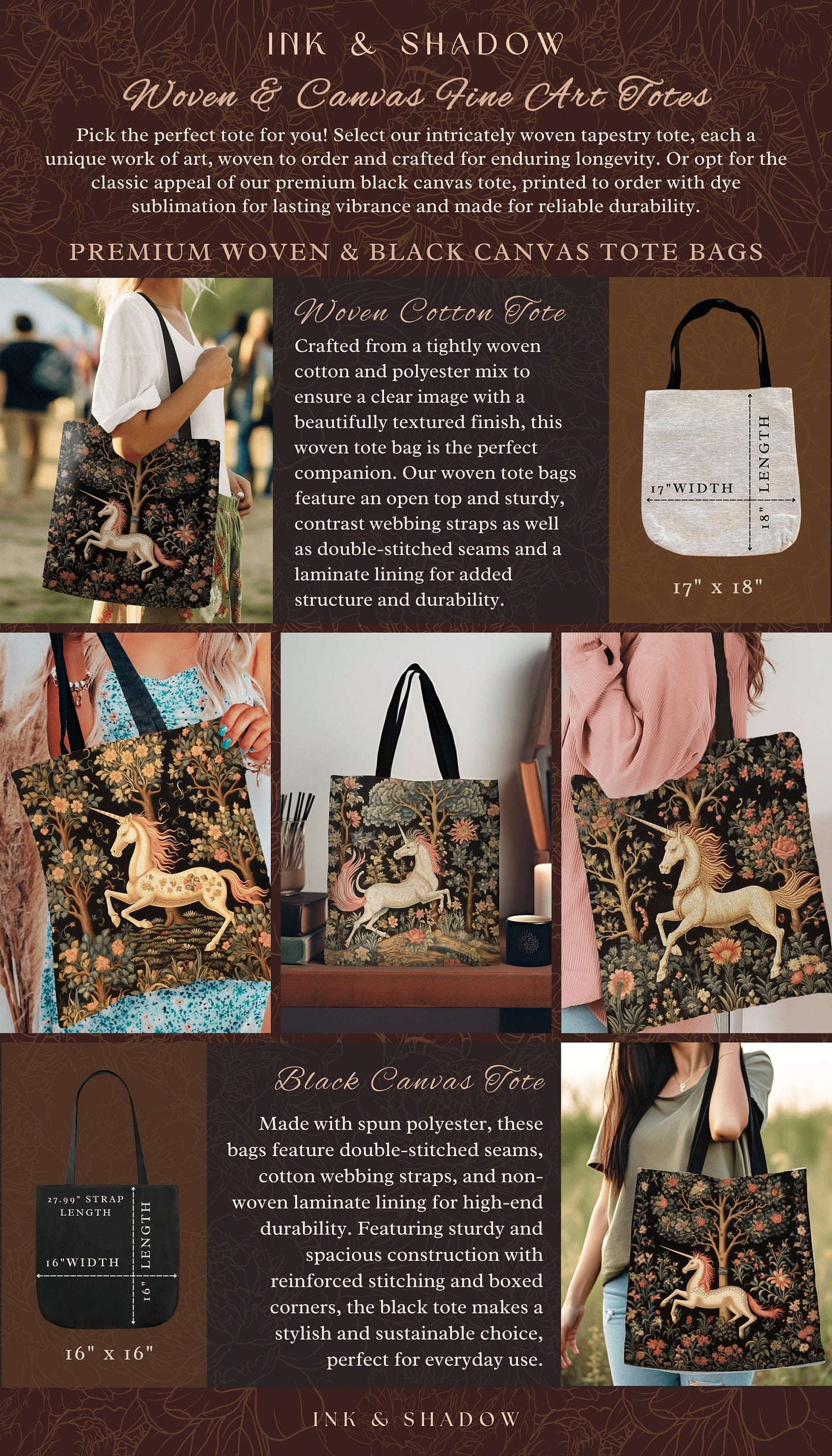 Unicorn Aesthetic Tote Bag | Gift for Unicorn Lover Dark Cottagecore Dark Floral Satchel Fairy Core Bookbag Pastel Fairycore Tapestry Tote