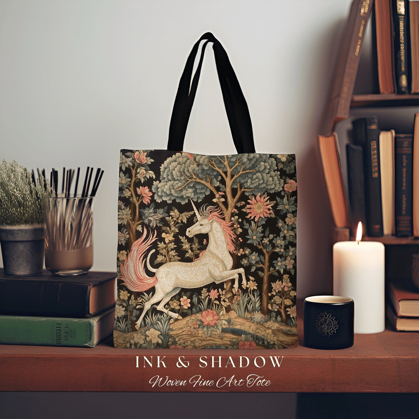 Unicorn Aesthetic Tote Bag | Gift for Unicorn Lover Dark Cottagecore Dark Floral Satchel Fairy Core Bookbag Pastel Fairycore Tapestry Tote