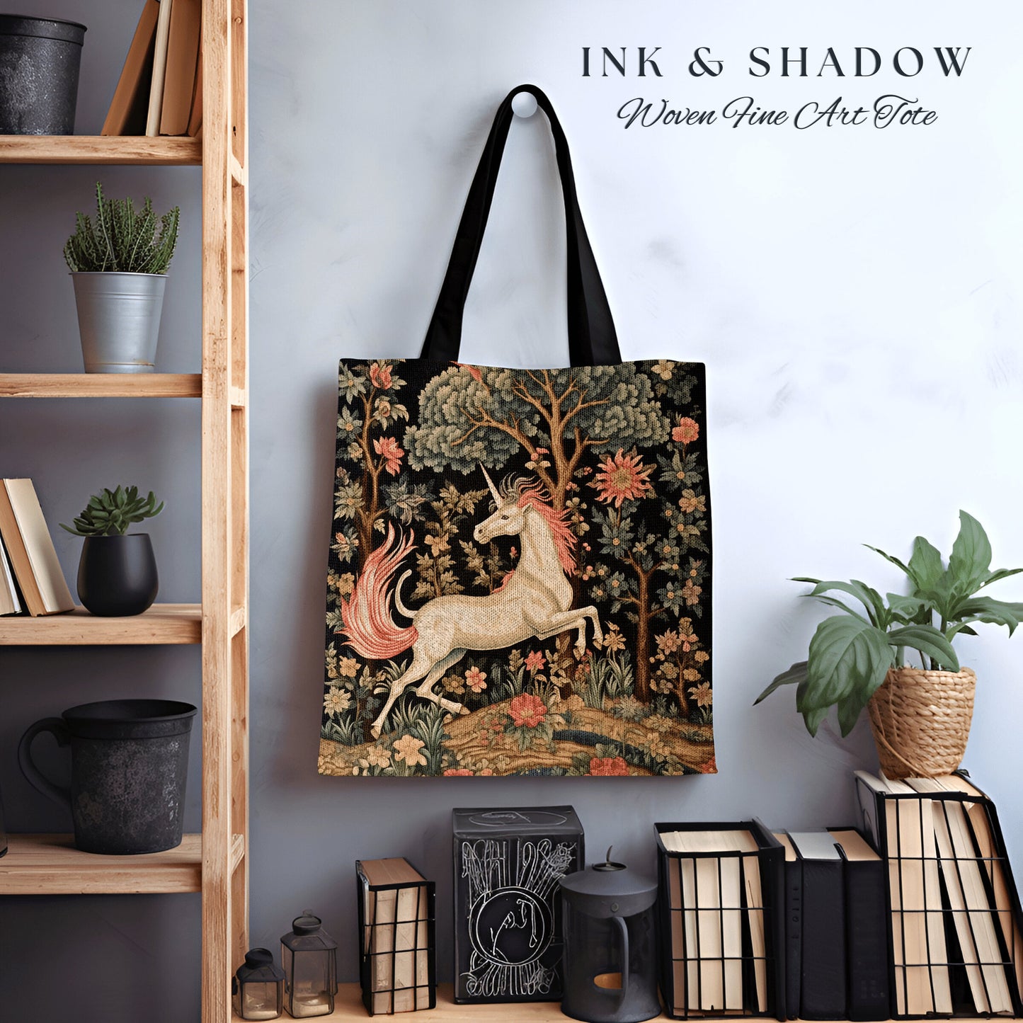 Unicorn Aesthetic Tote Bag | Gift for Unicorn Lover Dark Cottagecore Dark Floral Satchel Fairy Core Bookbag Pastel Fairycore Tapestry Tote