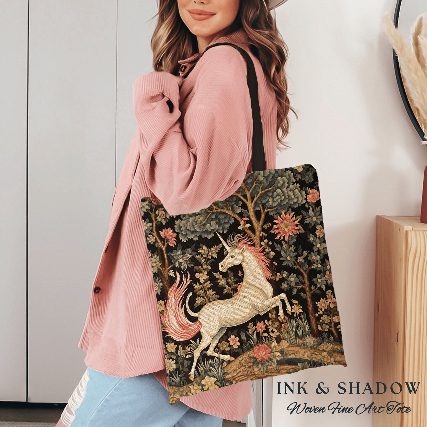 Unicorn Aesthetic Tote Bag | Gift for Unicorn Lover Dark Cottagecore Dark Floral Satchel Fairy Core Bookbag Pastel Fairycore Tapestry Tote