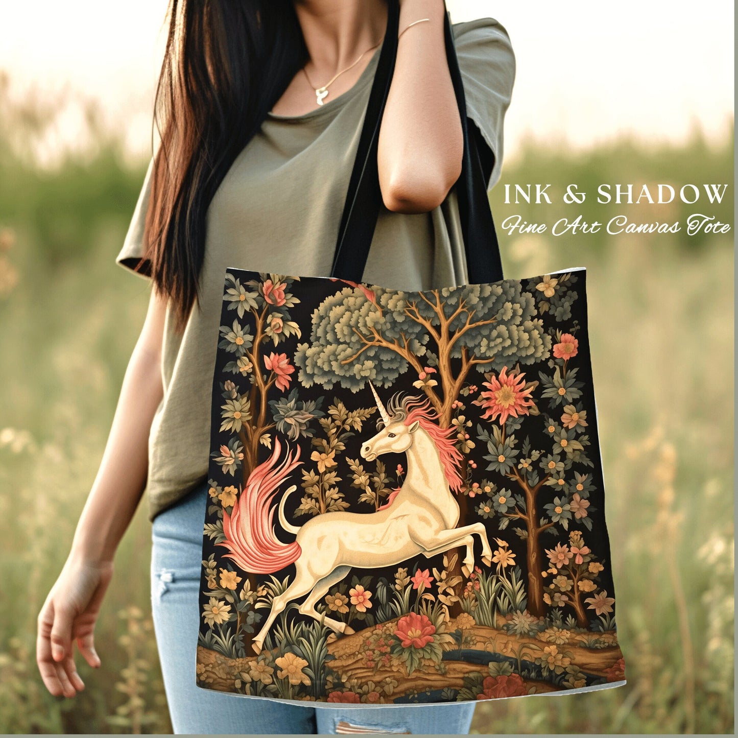 Unicorn Aesthetic Tote Bag | Gift for Unicorn Lover Dark Cottagecore Dark Floral Satchel Fairy Core Bookbag Pastel Fairycore Tapestry Tote