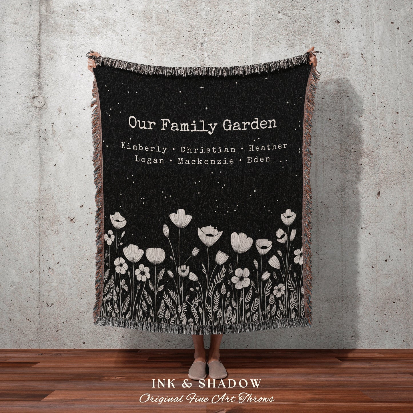 Family Garden Blanket Woven | Personalized Last Name Tapestry Custom Gift for Mom Sentimental Family Heirloom