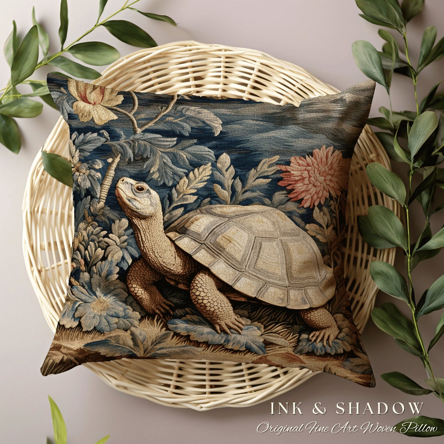 Moody Tortoise Pillow Fairycore Decor | Dark Botanical Pillow William Morris Inspired Boho Cottagecore Turtle Decor Vintage Aesthetic Pillow