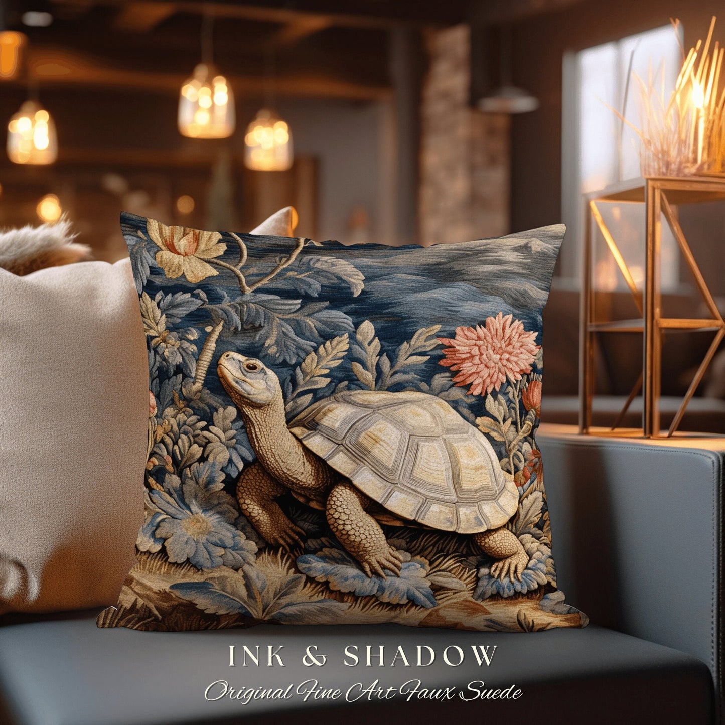 Moody Tortoise Pillow Fairycore Decor | Dark Botanical Pillow William Morris Inspired Boho Cottagecore Turtle Decor Vintage Aesthetic Pillow
