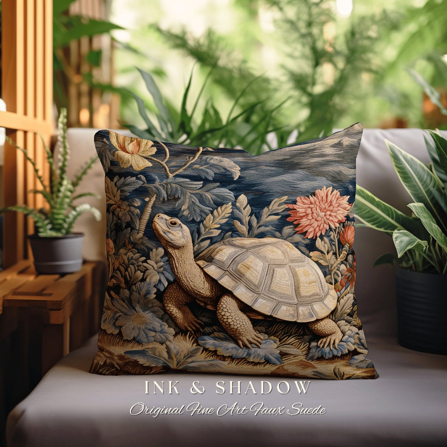 Moody Tortoise Pillow Fairycore Decor | Dark Botanical Pillow William Morris Inspired Boho Cottagecore Turtle Decor Vintage Aesthetic Pillow