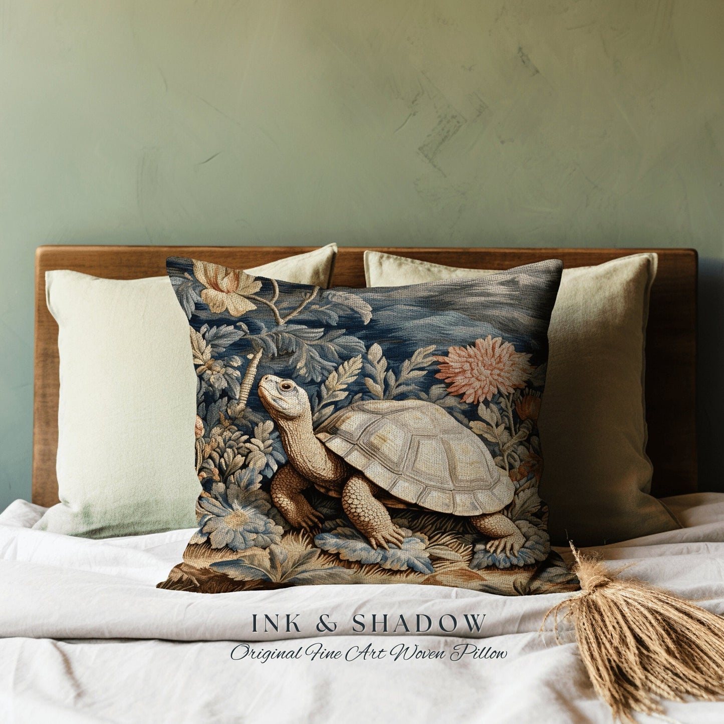 Moody Tortoise Pillow Fairycore Decor | Dark Botanical Pillow William Morris Inspired Boho Cottagecore Turtle Decor Vintage Aesthetic Pillow