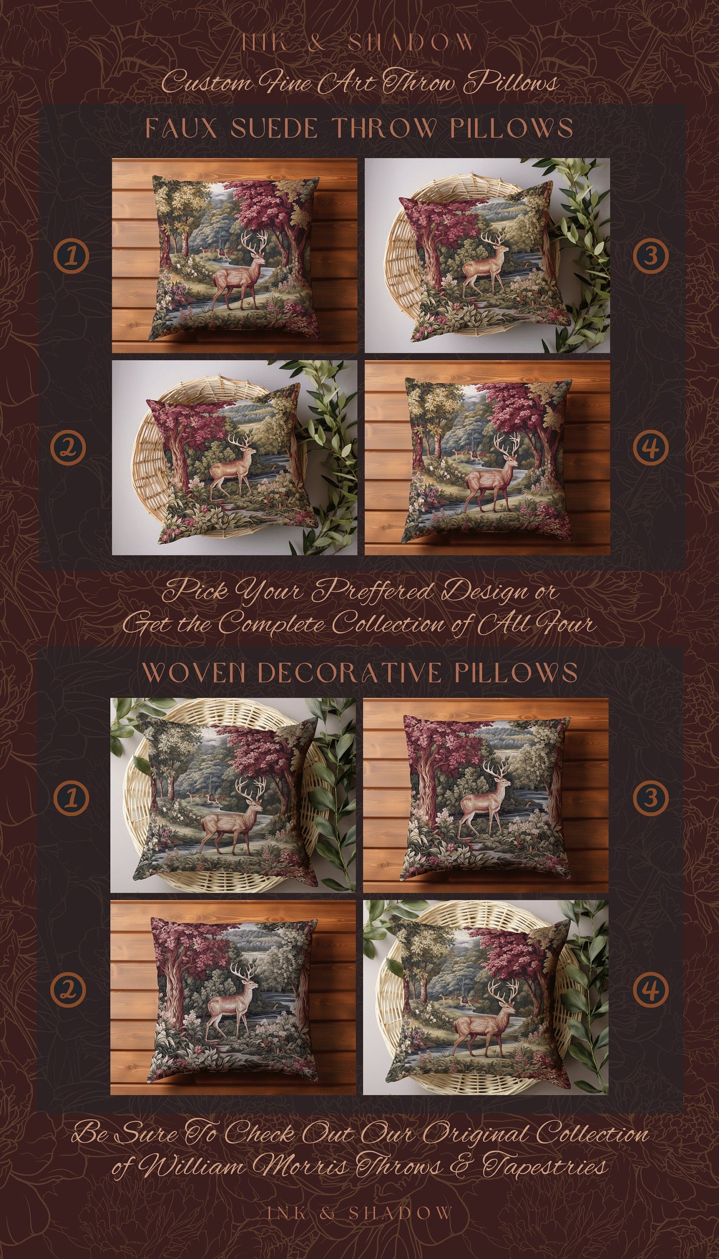 Romantic Woodland Deer Woven Tapestry Pillow | Victorian Forest Landscape Dark Botanical Floral Cottagecore Nature Rustic Cushion Decor Home