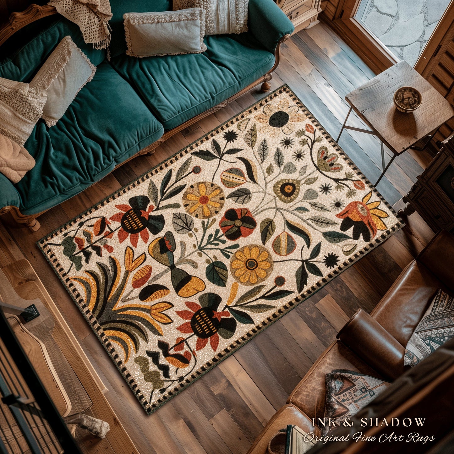 Abstract Flowers Boho Floor Rug | Indie Aesthetic Living Room Danish Home Decor Rustic Housewarming Gift Cottagecore Earth Tone Bedroom Mat