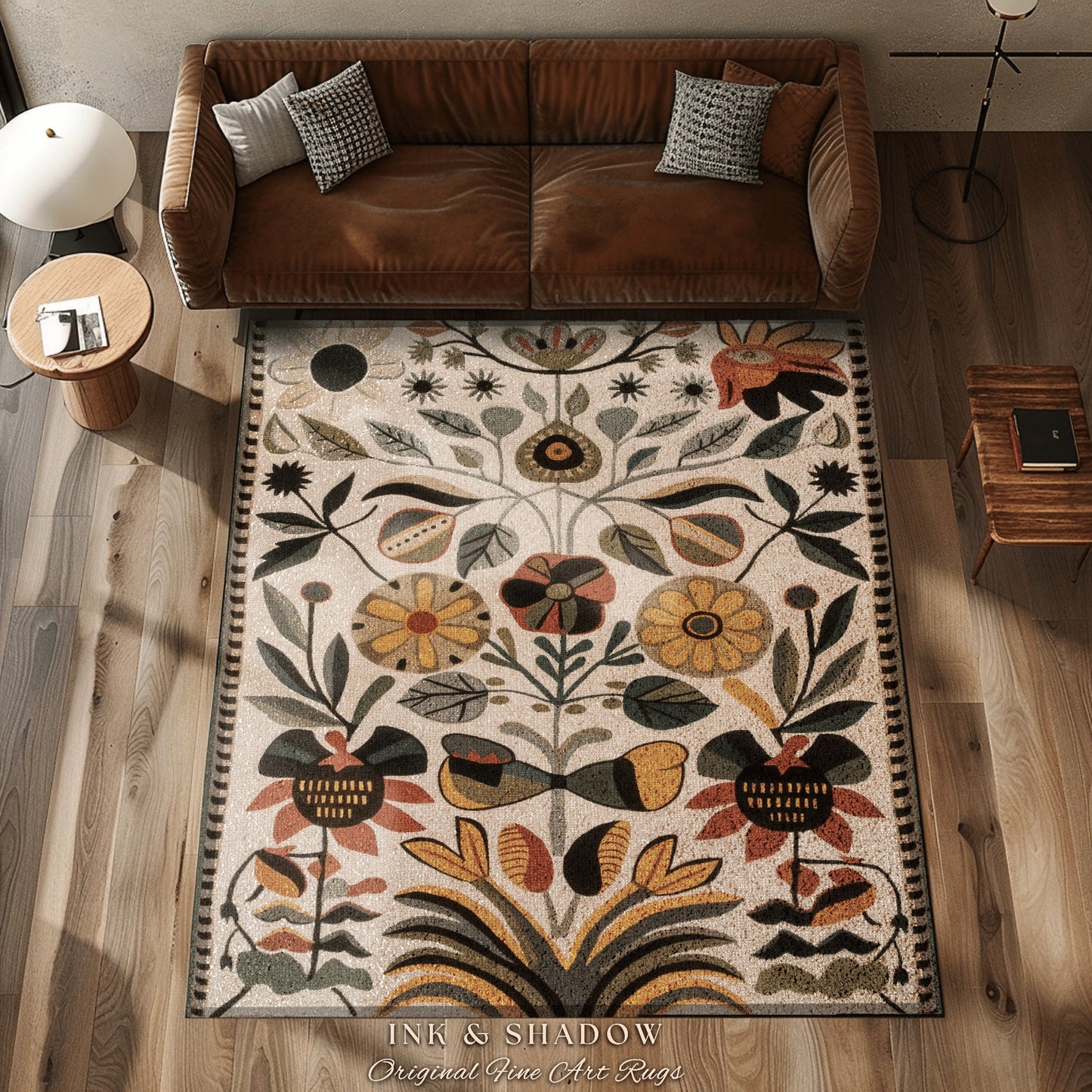 Abstract Flowers Boho Floor Rug | Indie Aesthetic Living Room Danish Home Decor Rustic Housewarming Gift Cottagecore Earth Tone Bedroom Mat