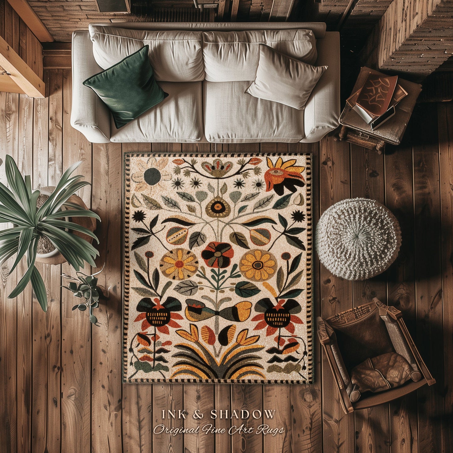 Abstract Flowers Boho Floor Rug | Indie Aesthetic Living Room Danish Home Decor Rustic Housewarming Gift Cottagecore Earth Tone Bedroom Mat