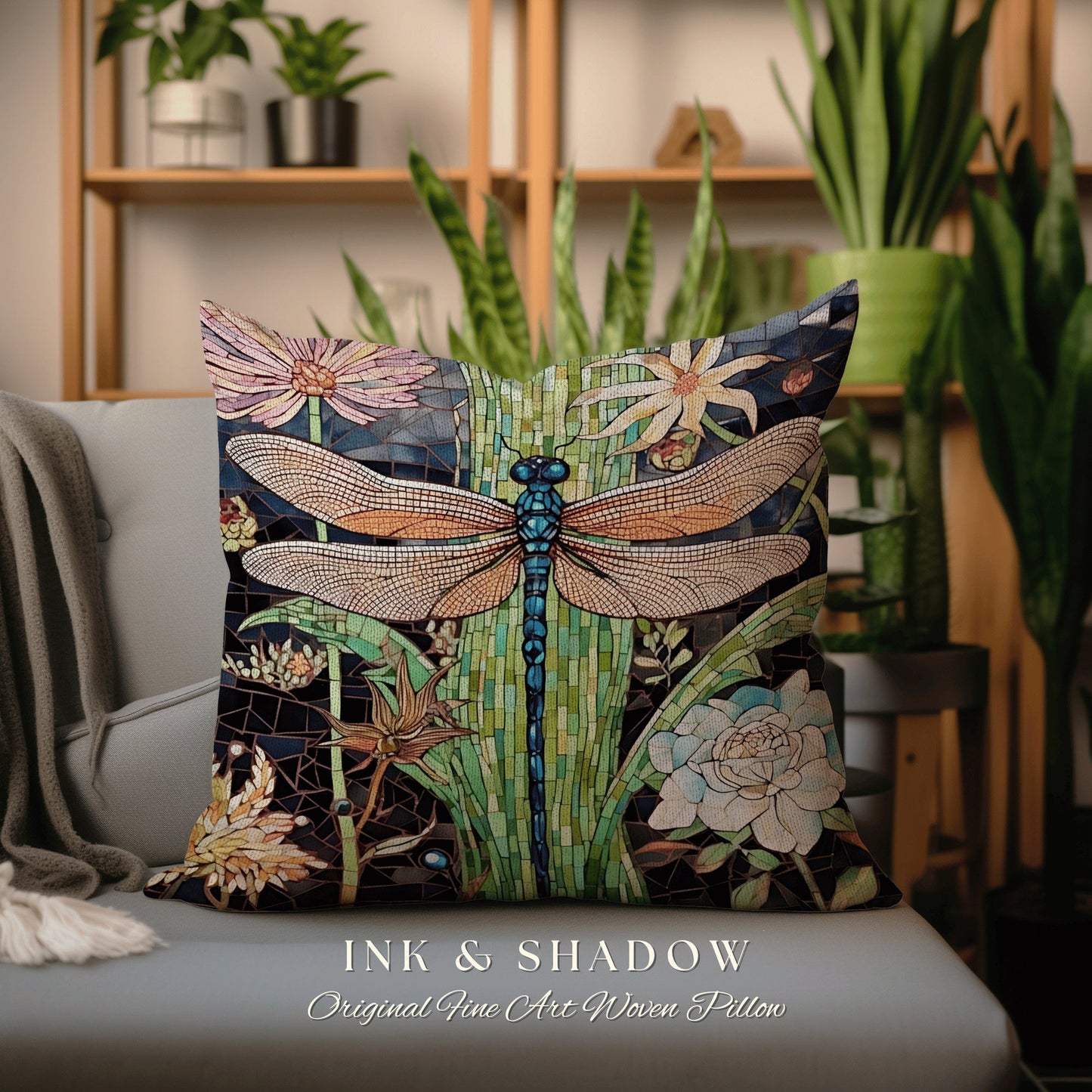 Fairycore Dragonfly Throw Pillow | Dragon Fly Woven Cushion Woodland Forest Gift for Her Stained Glass Aesthetic Botanical Gothic Room Decor