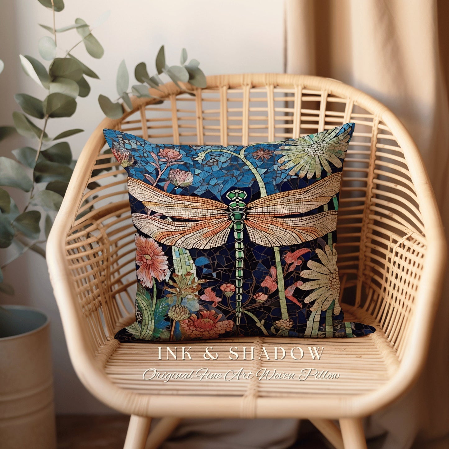 Whimsical Dragon Fly Accent Pillow | Dragonfly Cushion Woodland Forest Gift for Her Stained Glass Aesthetic Botanical Gothic Room Decor