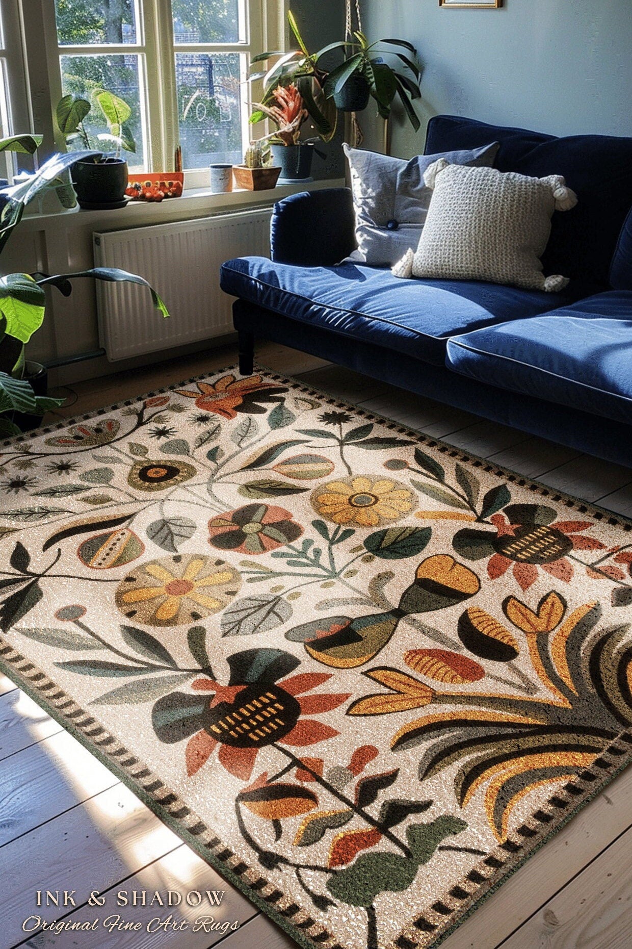 Abstract Flowers Boho Floor Rug | Indie Aesthetic Living Room Danish Home Decor Rustic Housewarming Gift Cottagecore Earth Tone Bedroom Mat