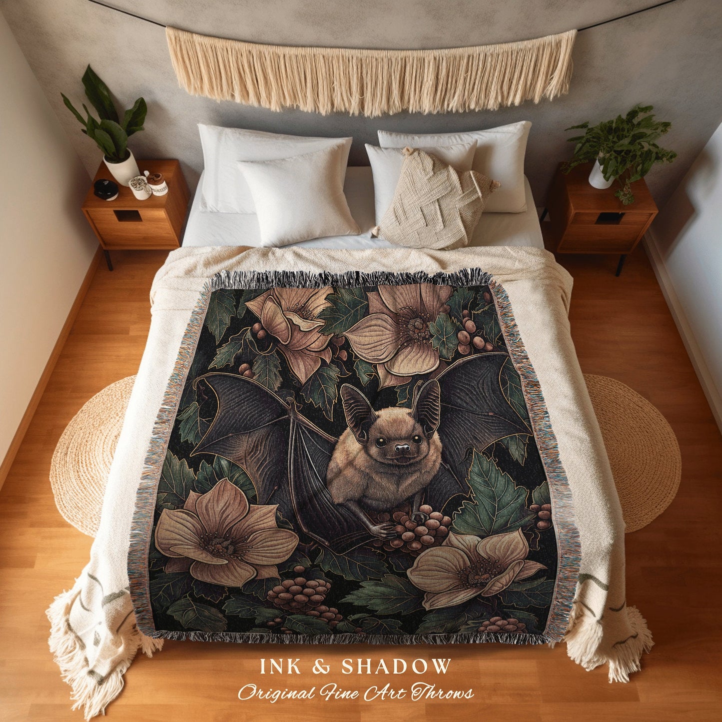 Floral Bat Dark Botanical Throw | Woven Blanket Woodland Wall Art Gothic Bedroom Decor Astrology Bat Wall Hanging Tapestry Whimsigoth Witchy