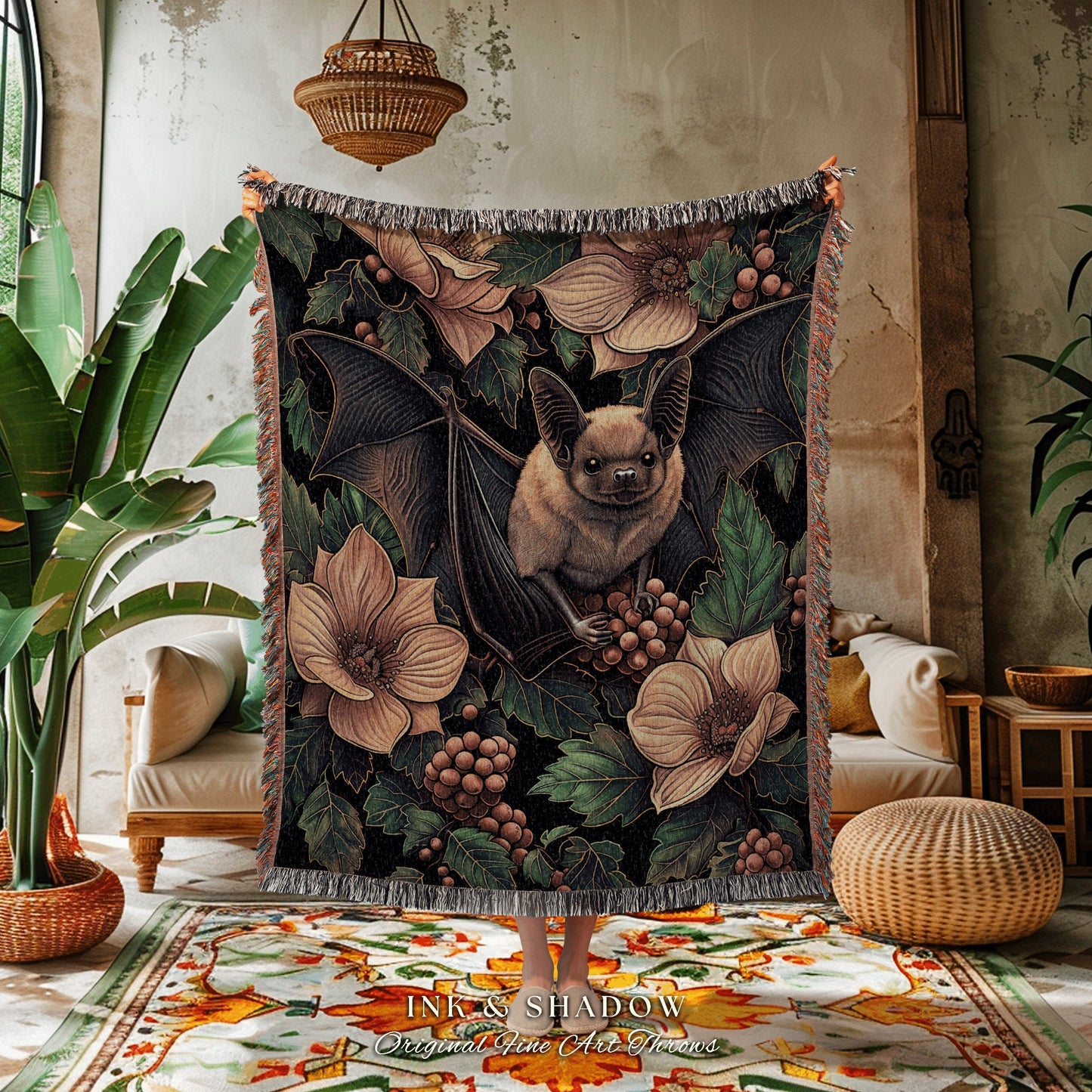 Floral Bat Dark Botanical Throw | Woven Blanket Woodland Wall Art Gothic Bedroom Decor Astrology Bat Wall Hanging Tapestry Whimsigoth Witchy