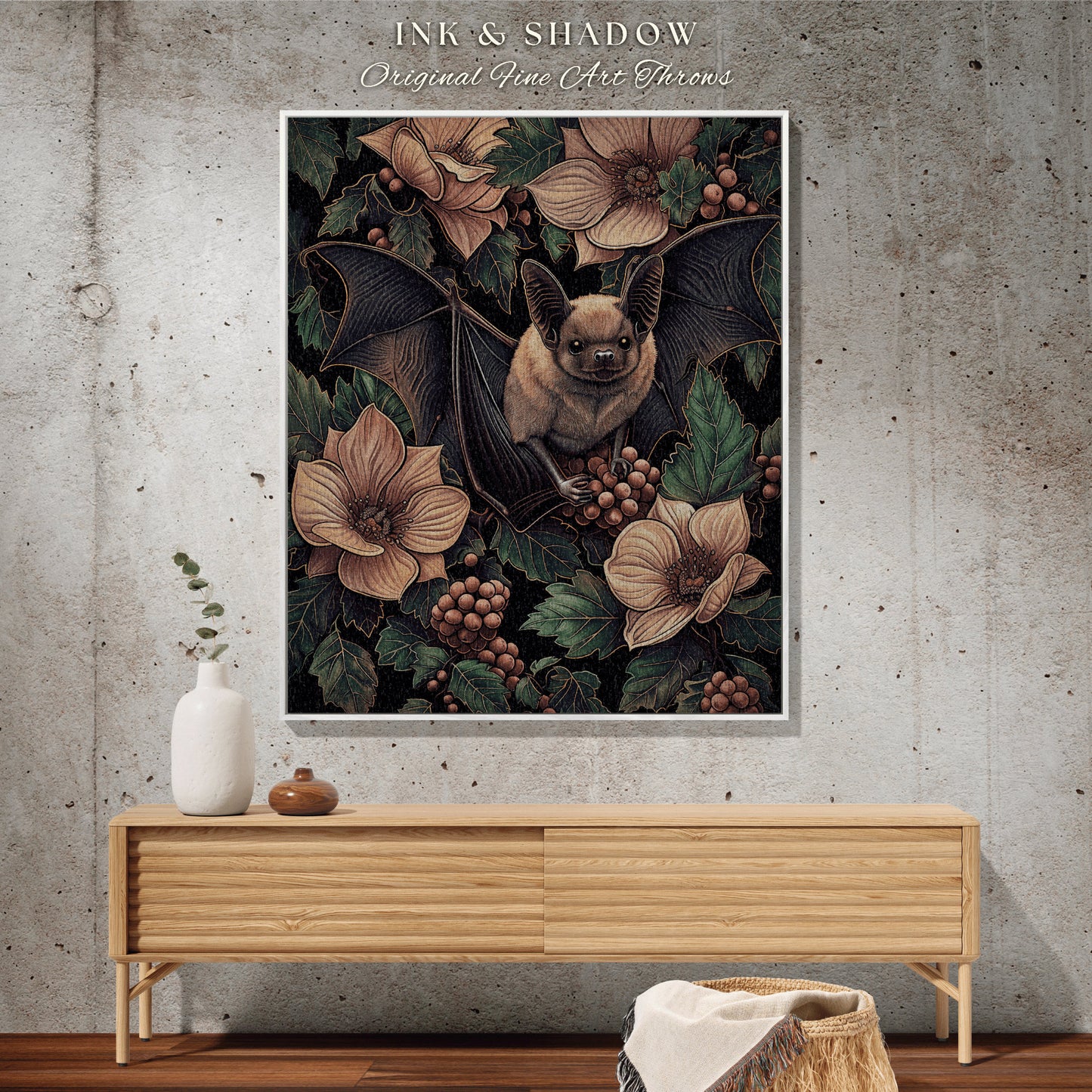 Floral Bat Dark Botanical Throw | Woven Blanket Woodland Wall Art Gothic Bedroom Decor Astrology Bat Wall Hanging Tapestry Whimsigoth Witchy