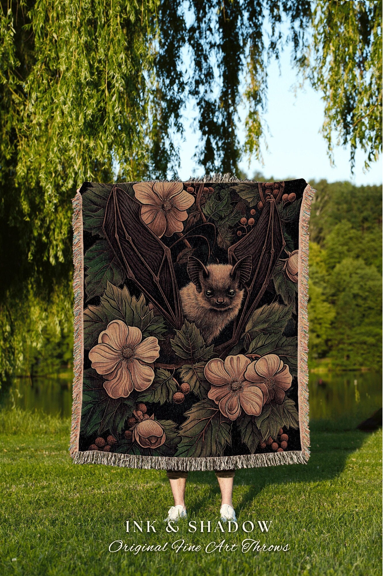 Moody Botanical Bat Throw Blanket | Woodland Tapestry Crowcore Wall Art Bedroom Decor Housewarming Gift Bat Lover Wall Art Whimsigoth Accent