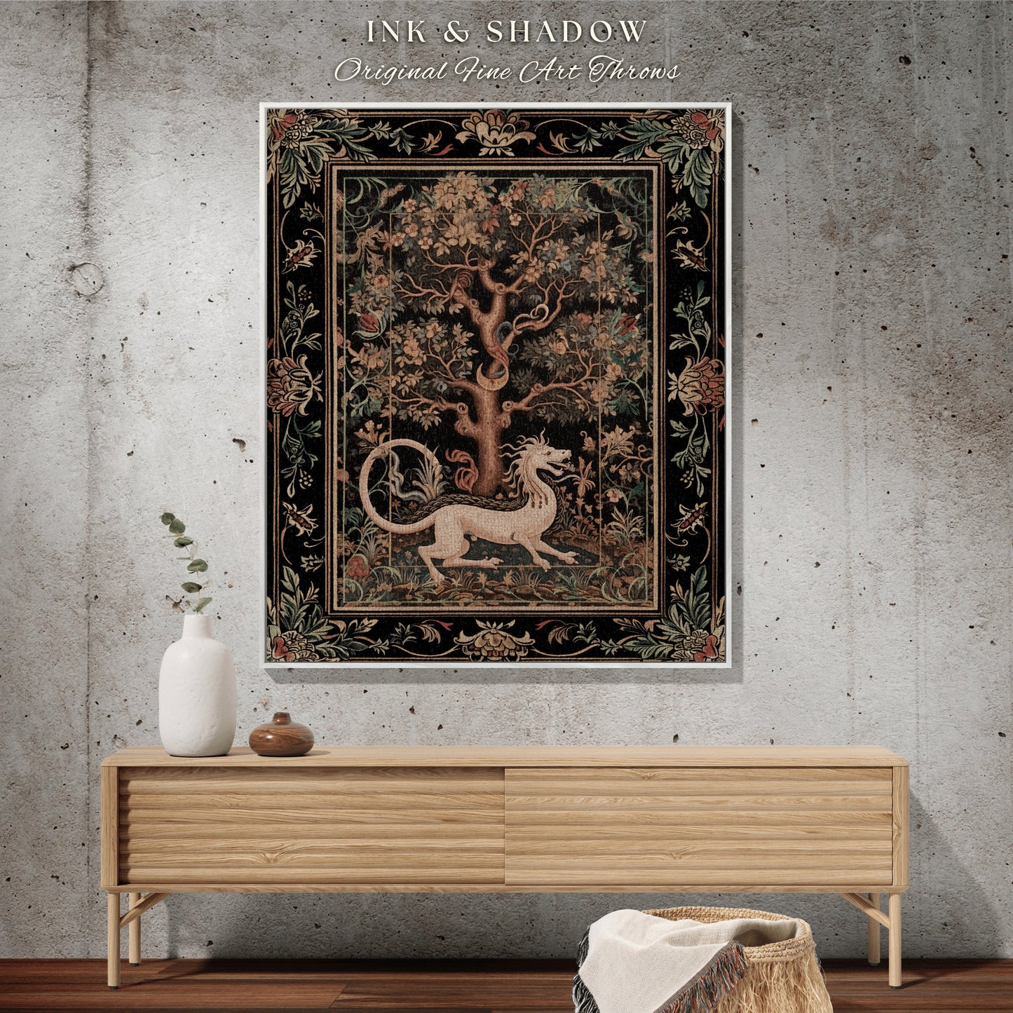 Medieval Dragon Woven Throw | Nordic Home Decor Morris Tapestry Fairycore Aesthetic Maximalist Gift for Goths Woodland Cottagecore Dragon