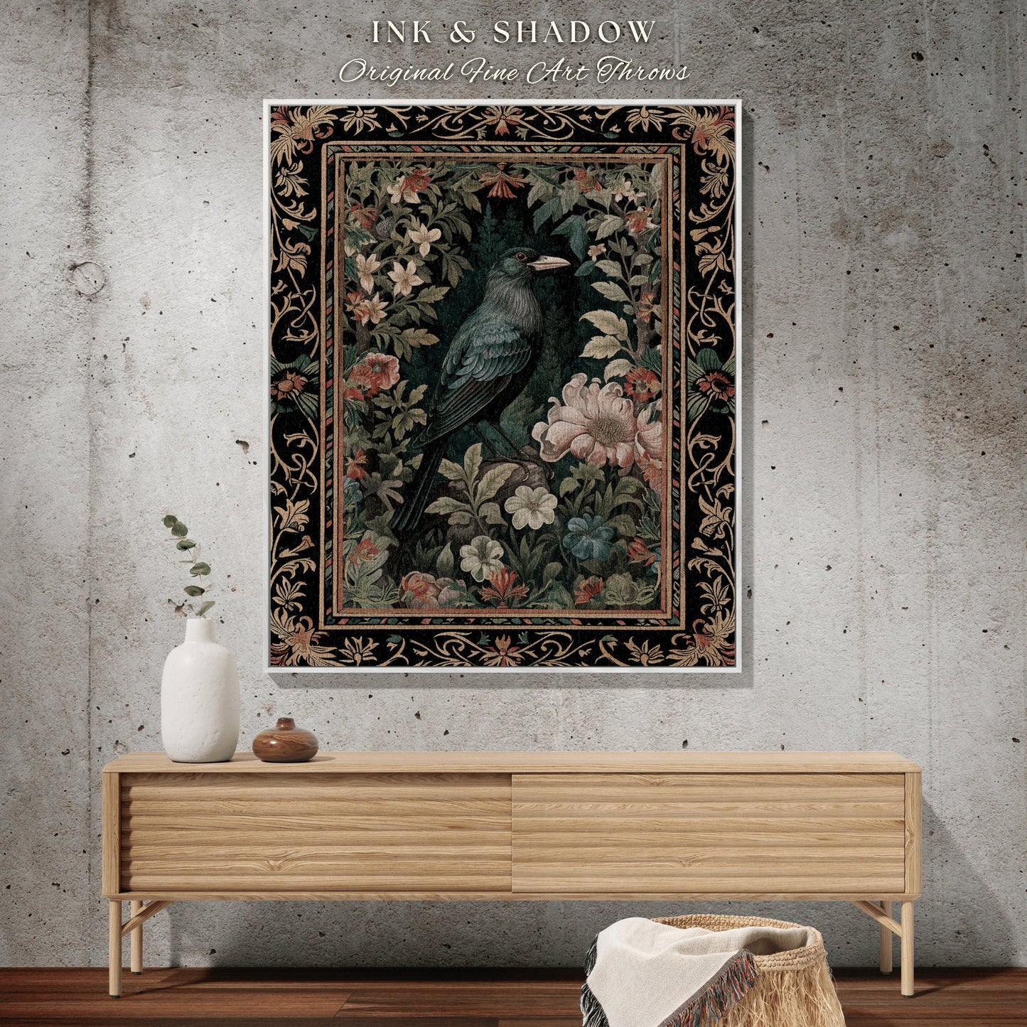 Dark Floral Raven Throw Blanket | Ethereal Gothic Room Decor Woven Tapestry Cottagecore Aesthetic Dark Fairycore Bedroom Crow Core Art |