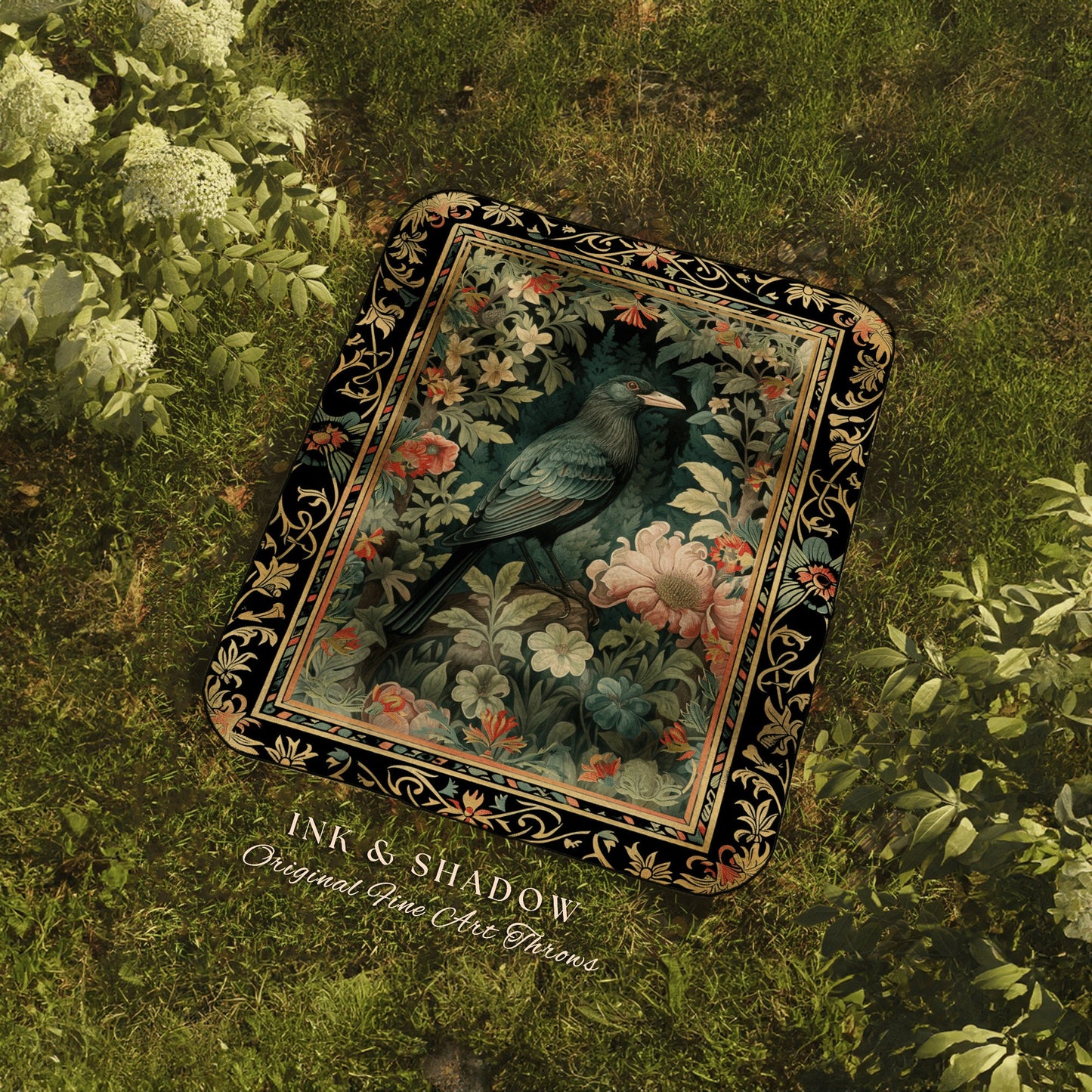 Dark Floral Raven Throw Blanket | Ethereal Gothic Room Decor Woven Tapestry Cottagecore Aesthetic Dark Fairycore Bedroom Crow Core Art |